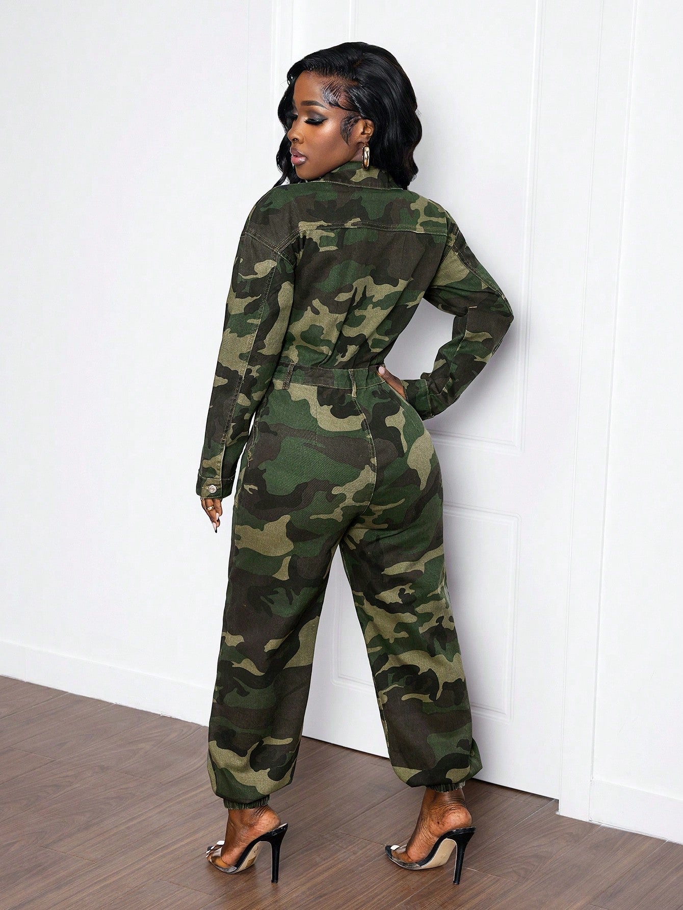 Slayr Women Camouflage Print Long Sleeve Jumpsuit With Elastic Cuffs