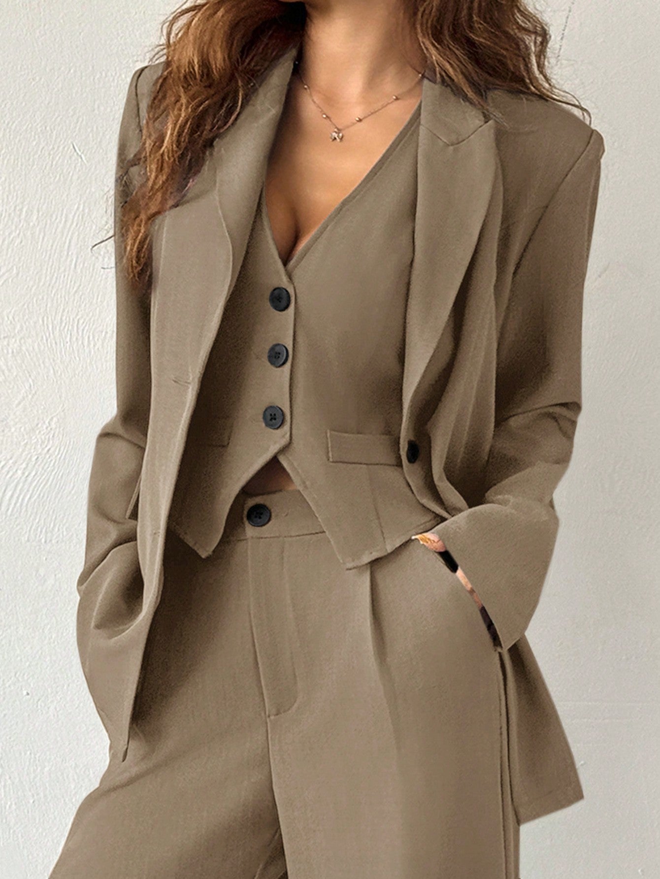 EZwear 3pcs/Set Solid Grey Suit Jacket, Vest And Pants