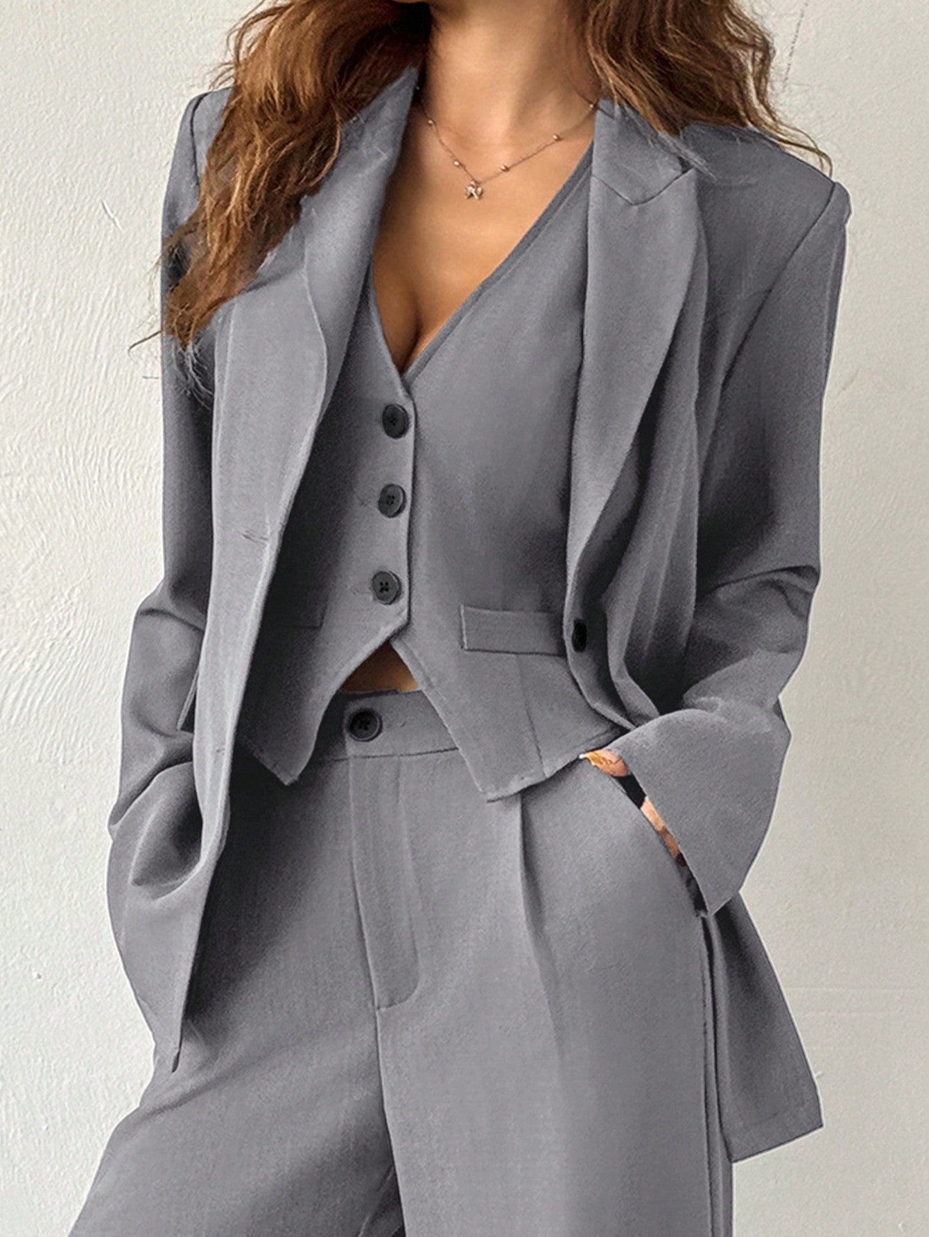 EZwear 3pcs/Set Solid Grey Suit Jacket, Vest And Pants