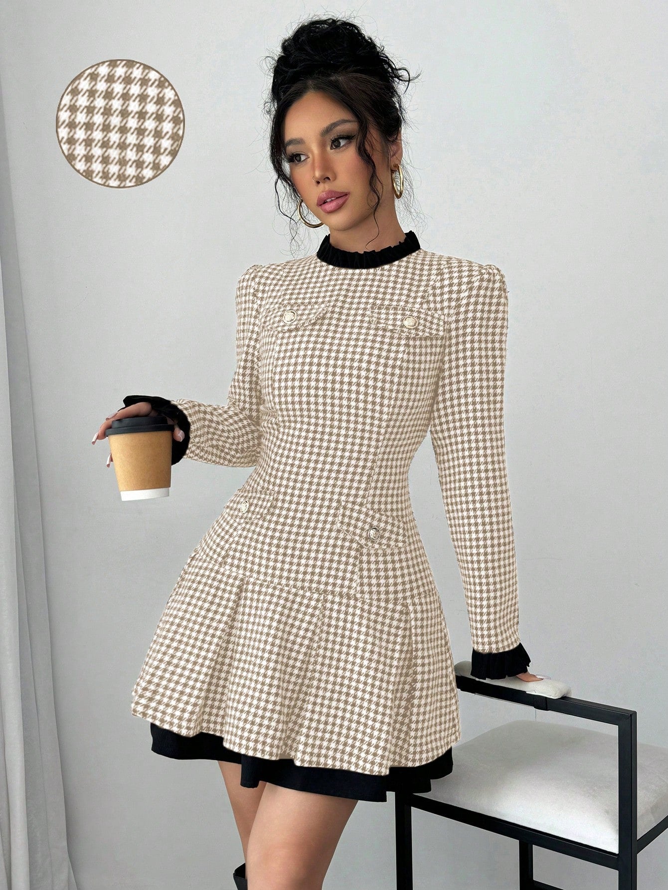 Raffinéa Women's Ruffle Collar Long Sleeve Houndstooth Patchwork Elegant Dress