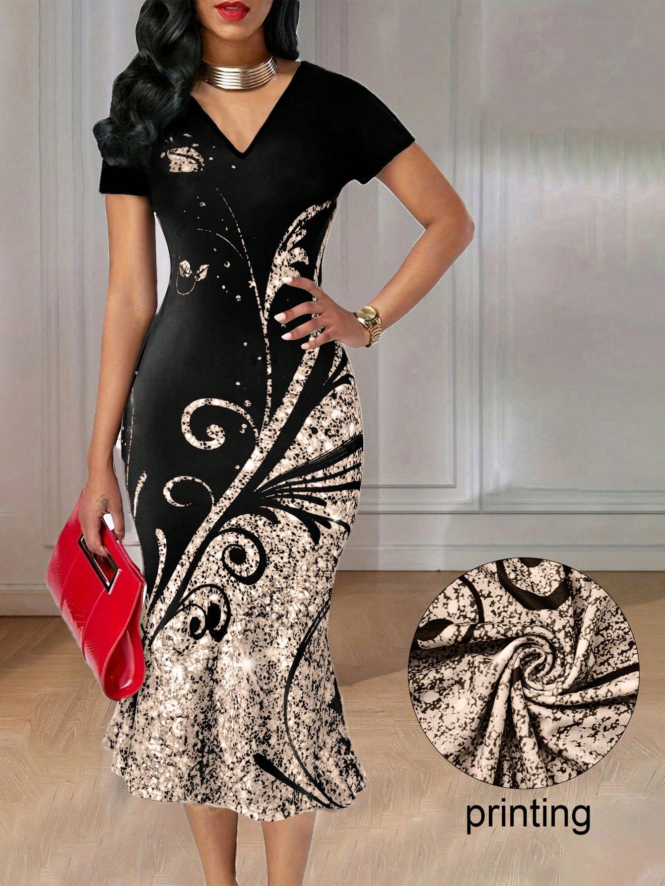 LUNE Plant Print Color Block V-Neck Mermaid Dress Maxi Women Outfit