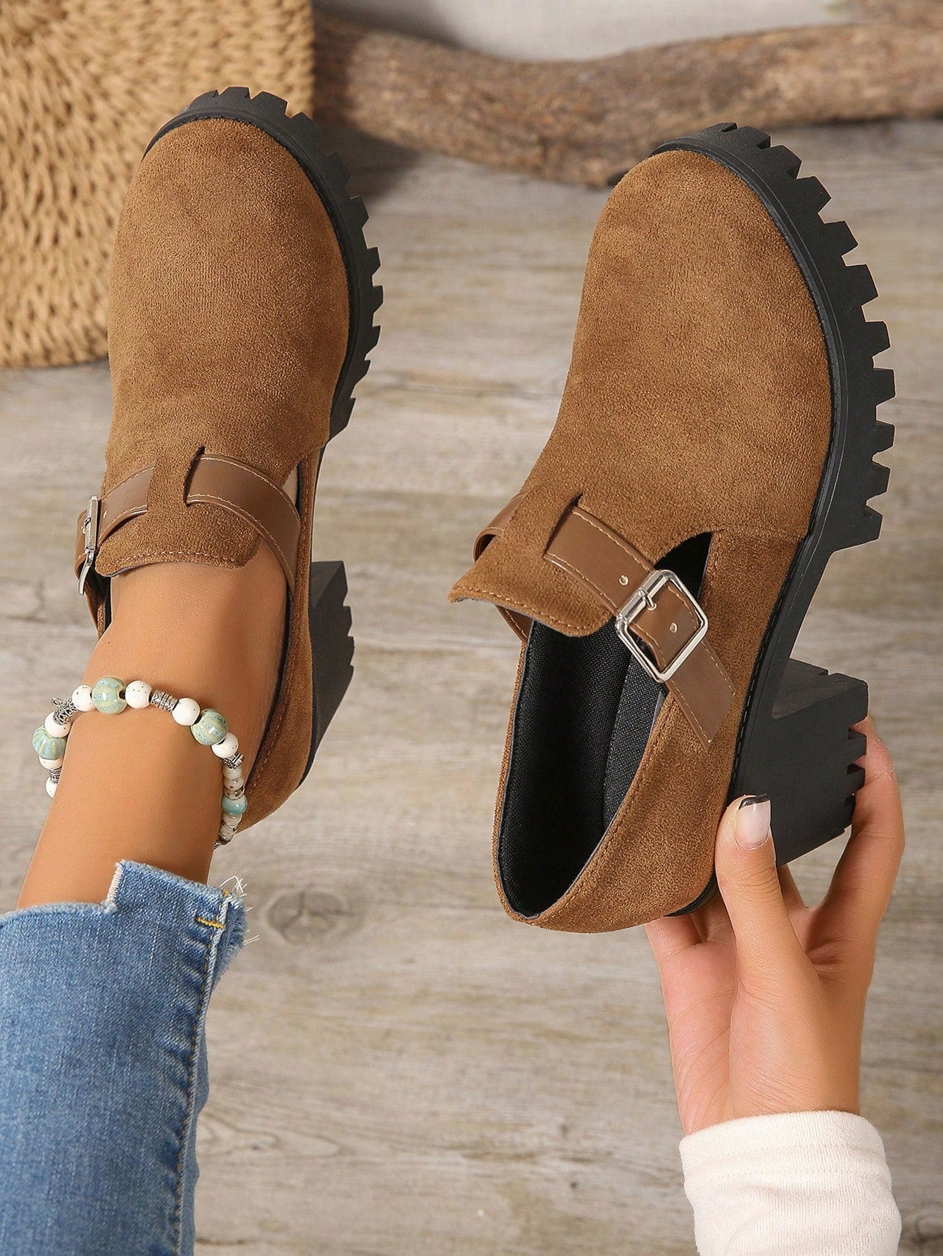 Women's Platform Mary Jane Shoes, Slip-On Velvet Creepers, Rounded Toe Thick Sole Casual Oxfords, School Style Chunky Heels