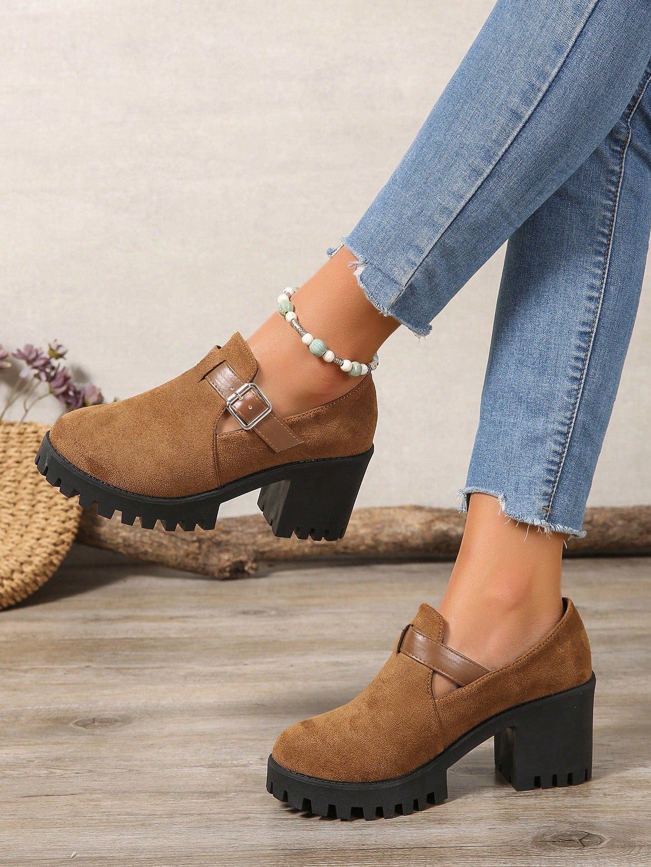 Women's Platform Mary Jane Shoes, Slip-On Velvet Creepers, Rounded Toe Thick Sole Casual Oxfords, School Style Chunky Heels