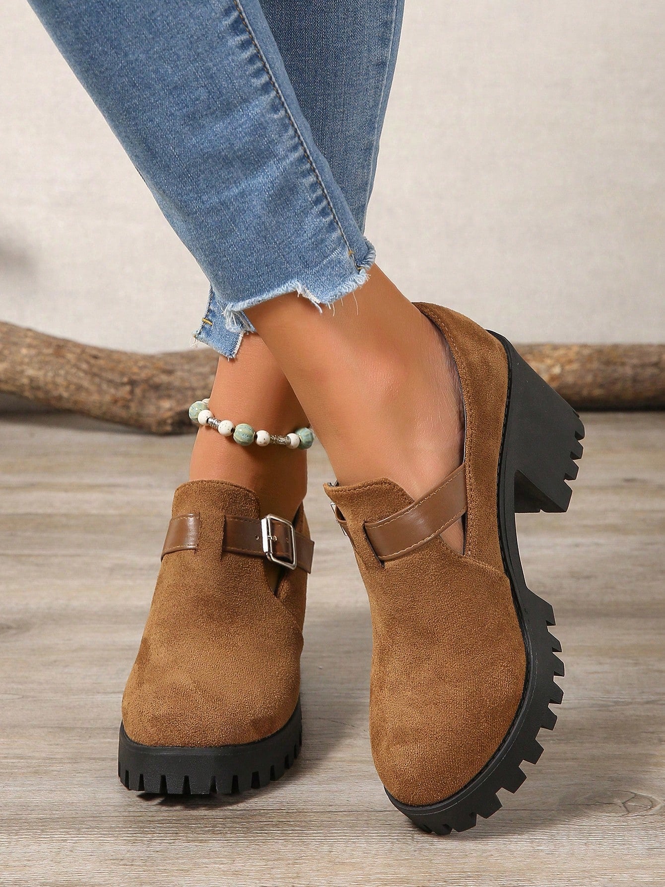 Women's Platform Mary Jane Shoes, Slip-On Velvet Creepers, Rounded Toe Thick Sole Casual Oxfords, School Style Chunky Heels