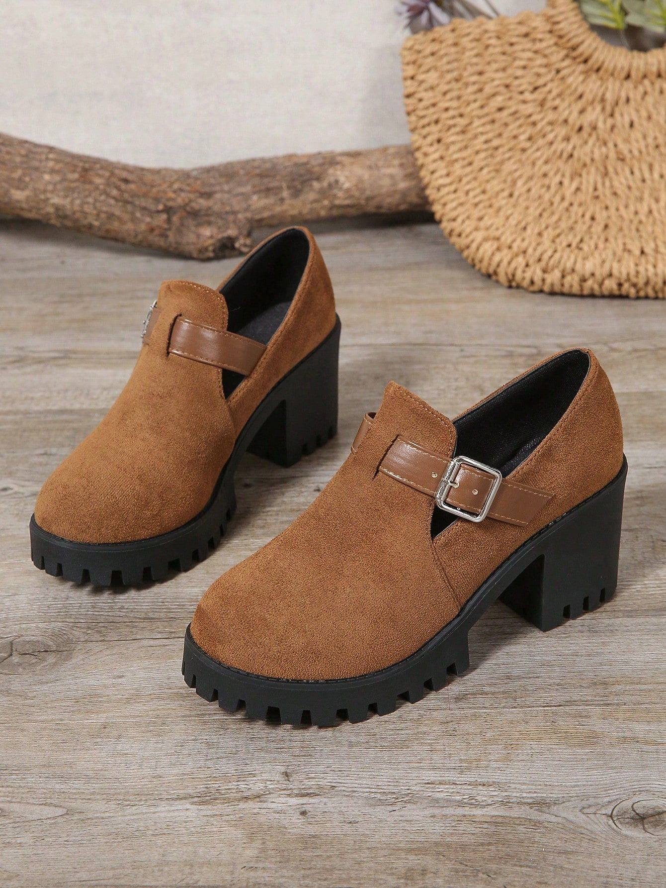 Women's Platform Mary Jane Shoes, Slip-On Velvet Creepers, Rounded Toe Thick Sole Casual Oxfords, School Style Chunky Heels