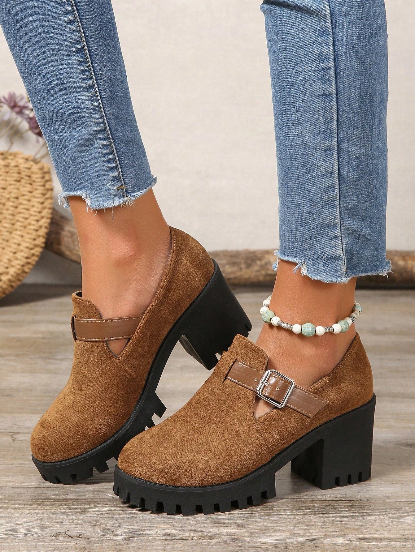 Women's Platform Mary Jane Shoes, Slip-On Velvet Creepers, Rounded Toe Thick Sole Casual Oxfords, School Style Chunky Heels