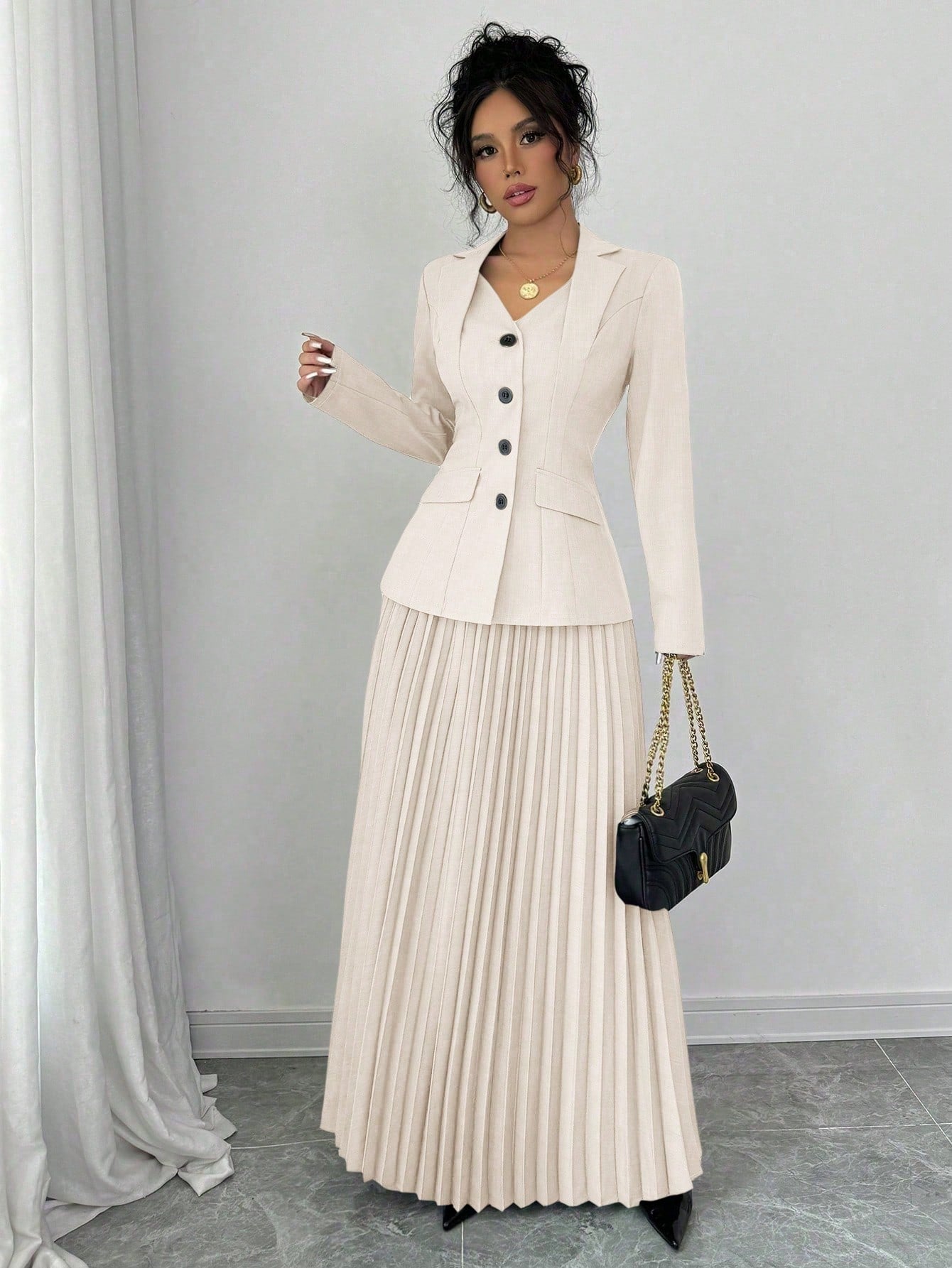 Elenzga 2pcs Elegant Women Blazer Jacket And Pleated A-Line Skirt Suit