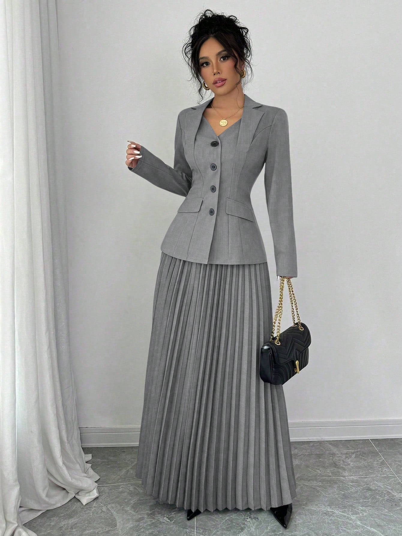 Elenzga 2pcs Elegant Women Blazer Jacket And Pleated A-Line Skirt Suit