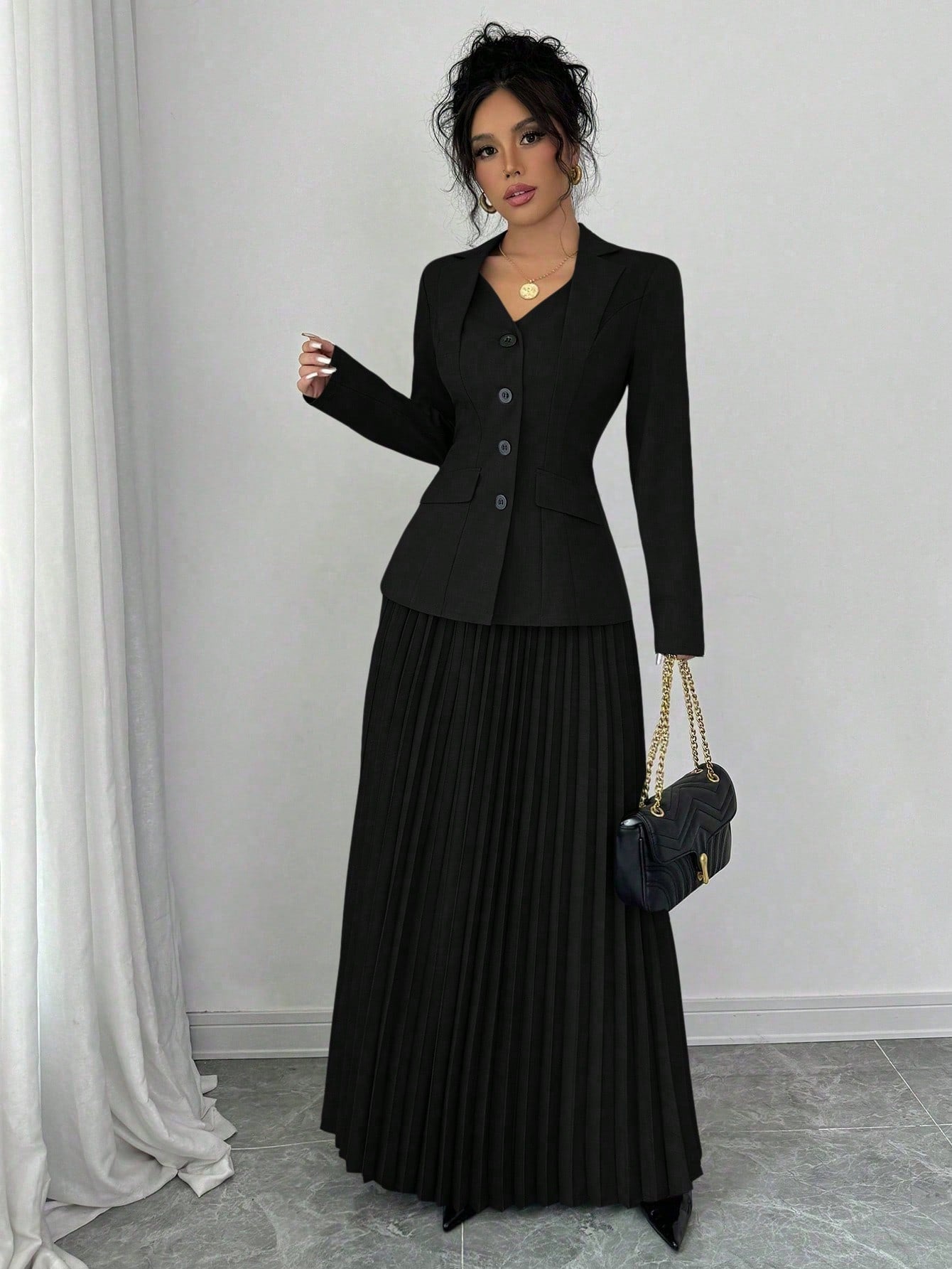 Elenzga 2pcs Elegant Women Blazer Jacket And Pleated A-Line Skirt Suit