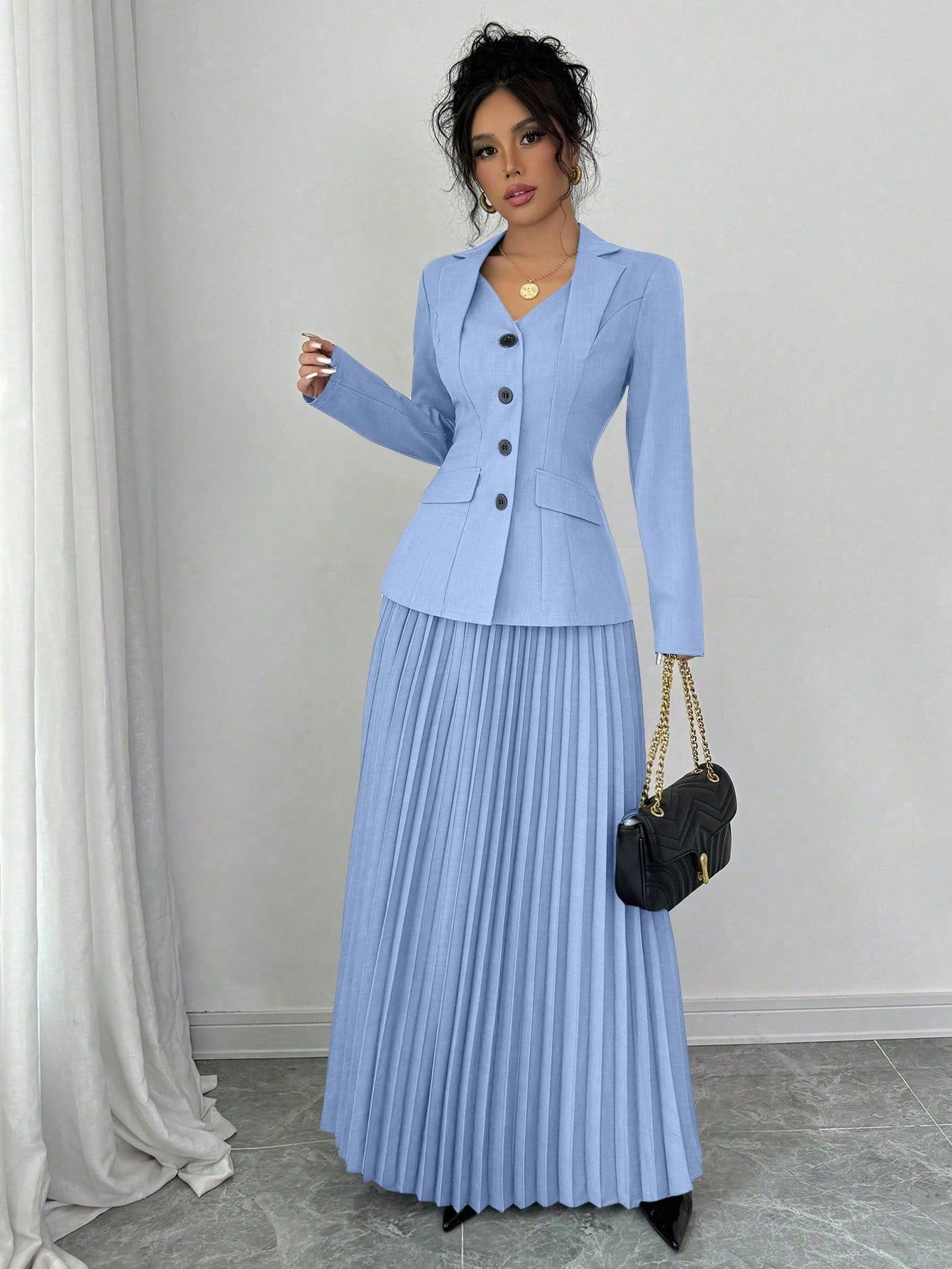Elenzga 2pcs Elegant Women Blazer Jacket And Pleated A-Line Skirt Suit