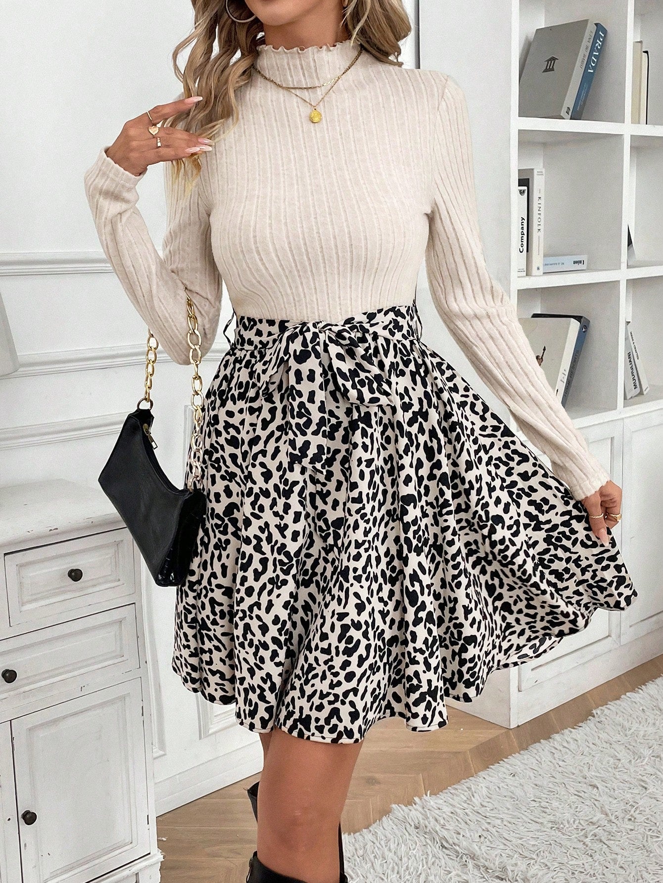 Frenchy Ditsy Floral Print Mock Neck Belted Bottom&Top Two Tone A Line Floral Print Dress