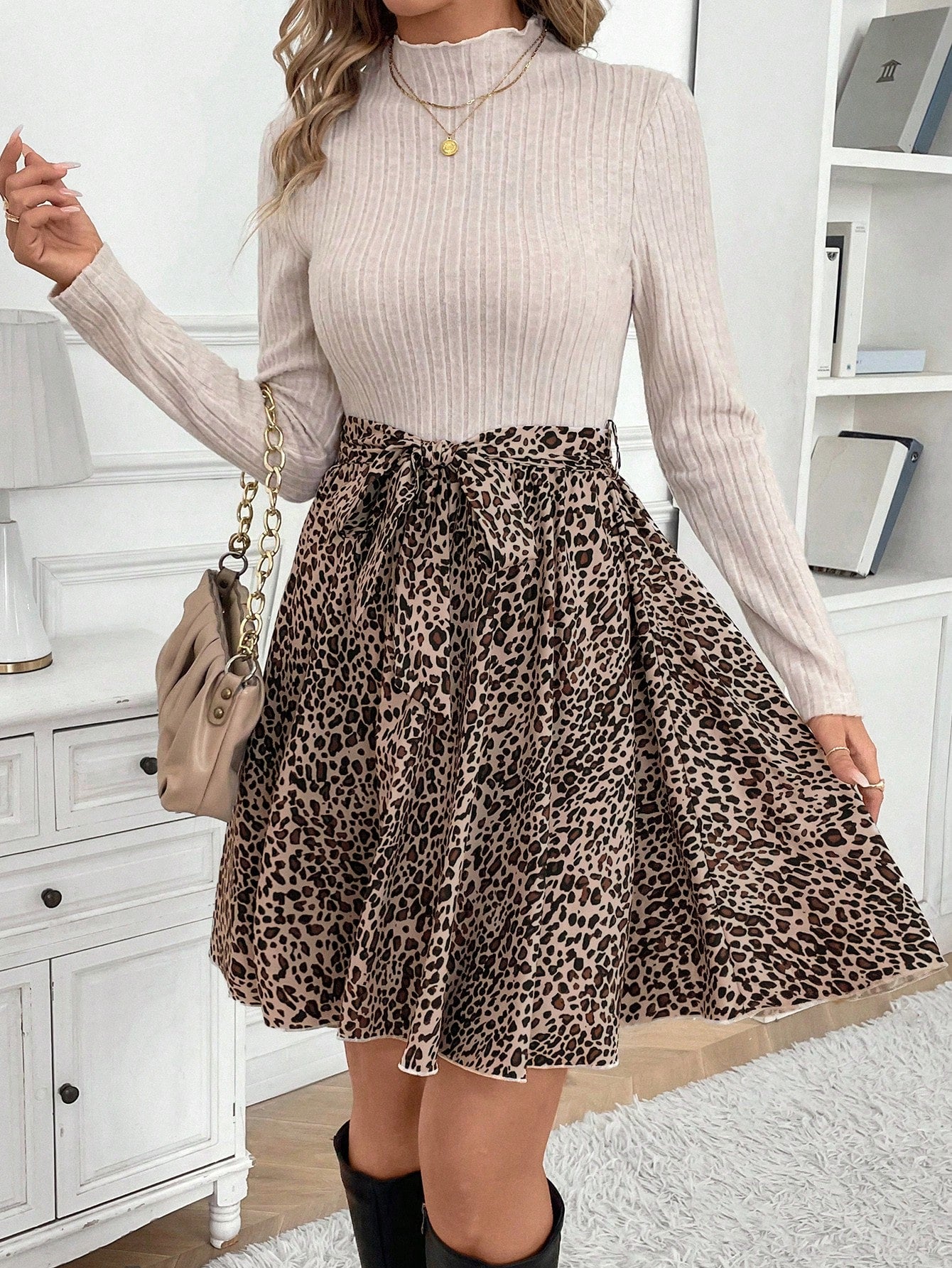 Frenchy Ditsy Floral Print Mock Neck Belted Bottom&Top Two Tone A Line Floral Print Dress