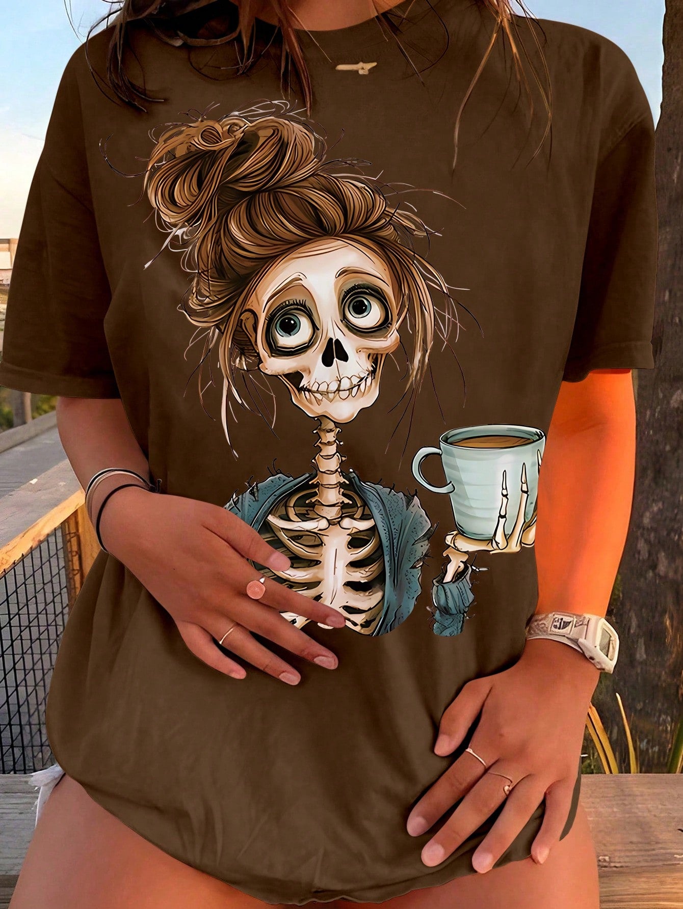 INAWLY Women's Casual Loose Fit Skull Print Round Neck Drop Shoulder Sleeve T-Shirt, Summer Tee, Halloween Clothes Graphic Tees Women Tops
