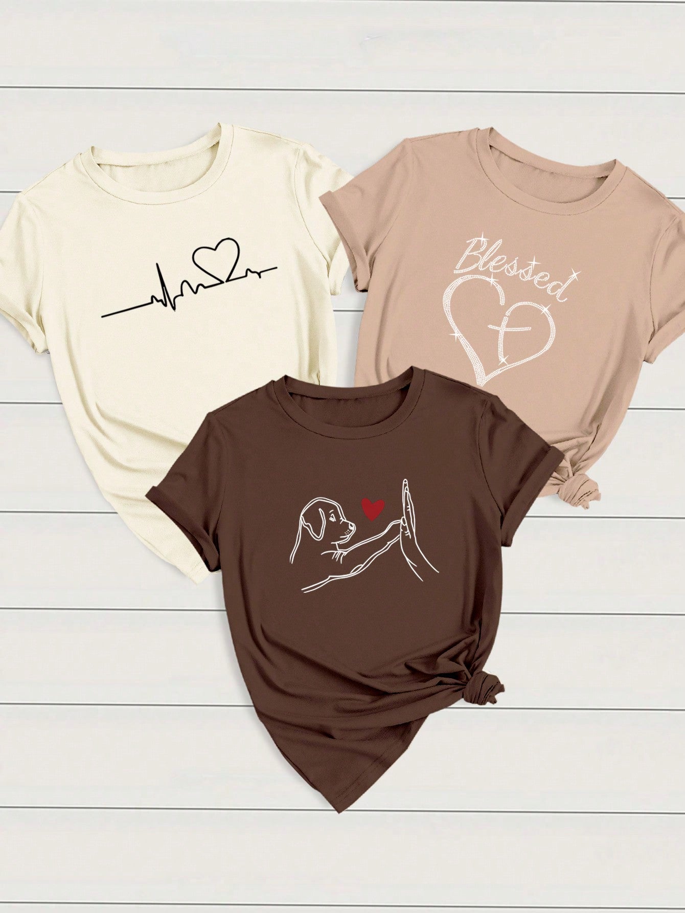 INAWLY 3pcs/Set Women Heart & Letter ECG Graphic T-Shirts, Casual Short Sleeve Tops Graphic Tees Women Tops