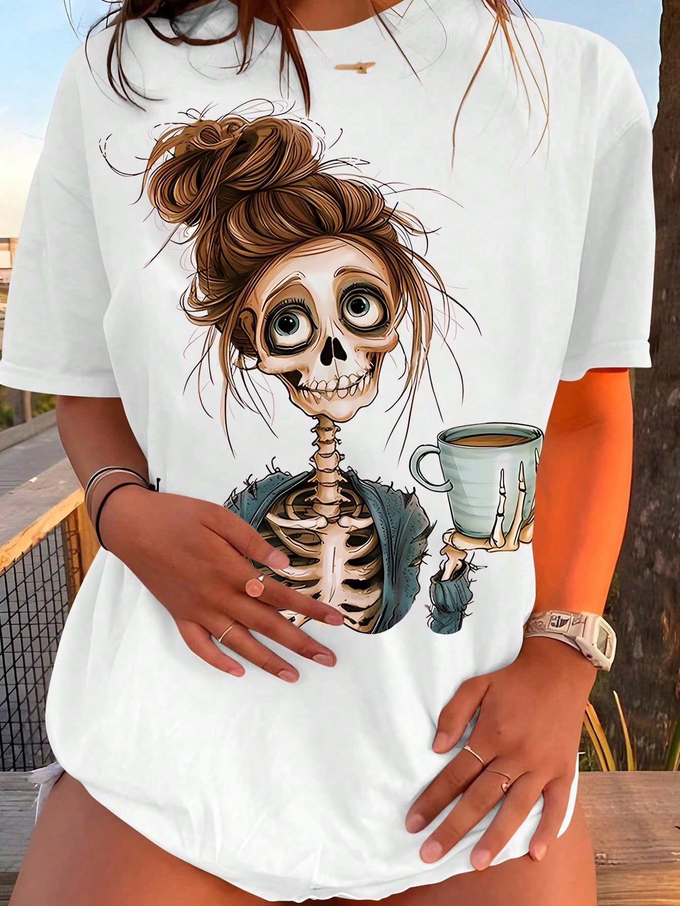 INAWLY Women's Casual Loose Fit Skull Print Round Neck Drop Shoulder Sleeve T-Shirt, Summer Tee, Halloween Clothes Graphic Tees Women Tops
