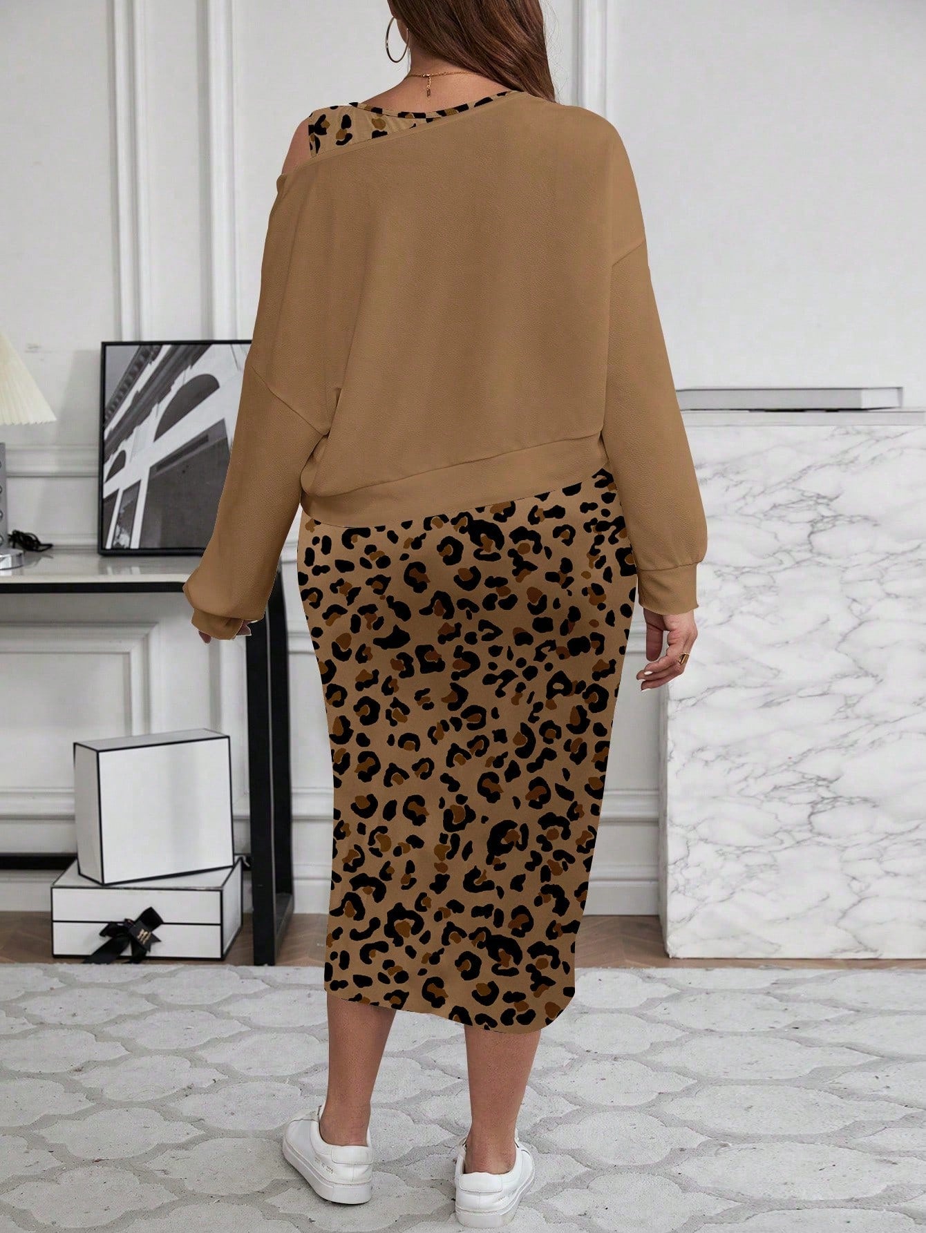 LUNE 2pcs/Set Plus Size Women Casual Heart & Leopard Print Sweatshirt Dress Suit, Autumn/Winter