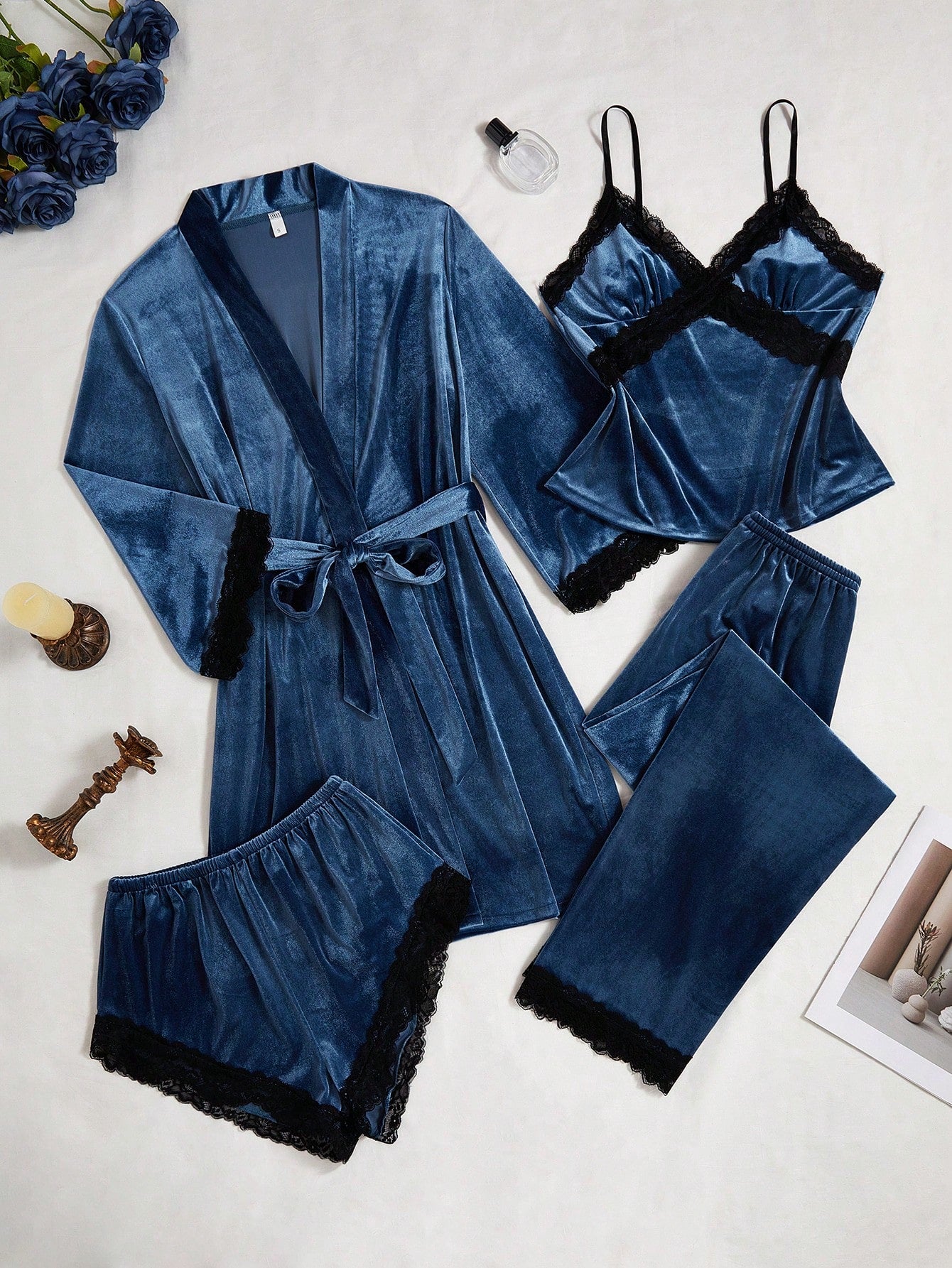 4pcs Contrast Color Lace & Velvet Camisole, Shorts, Pants And Robe Set