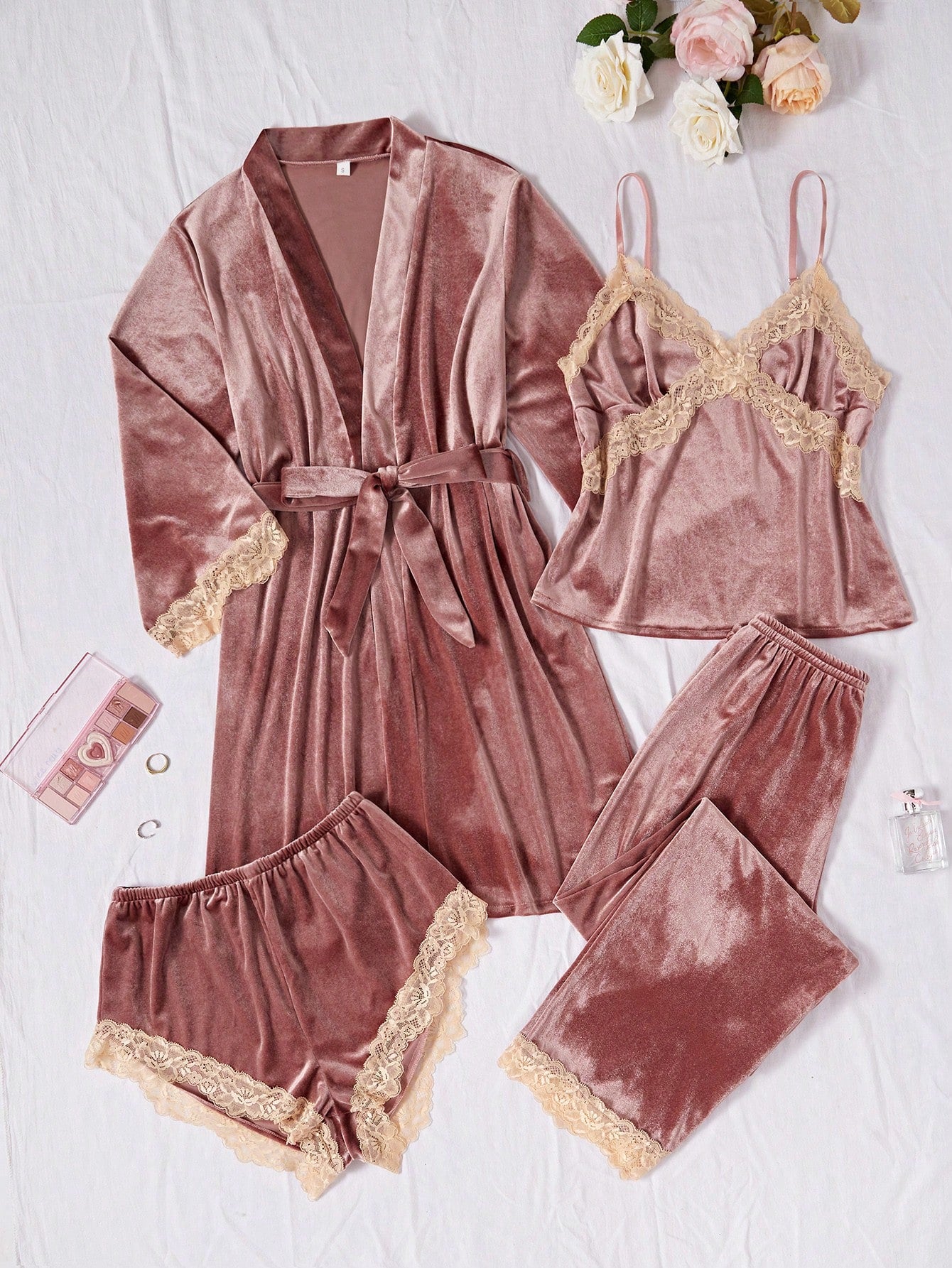 4pcs Contrast Color Lace & Velvet Camisole, Shorts, Pants And Robe Set