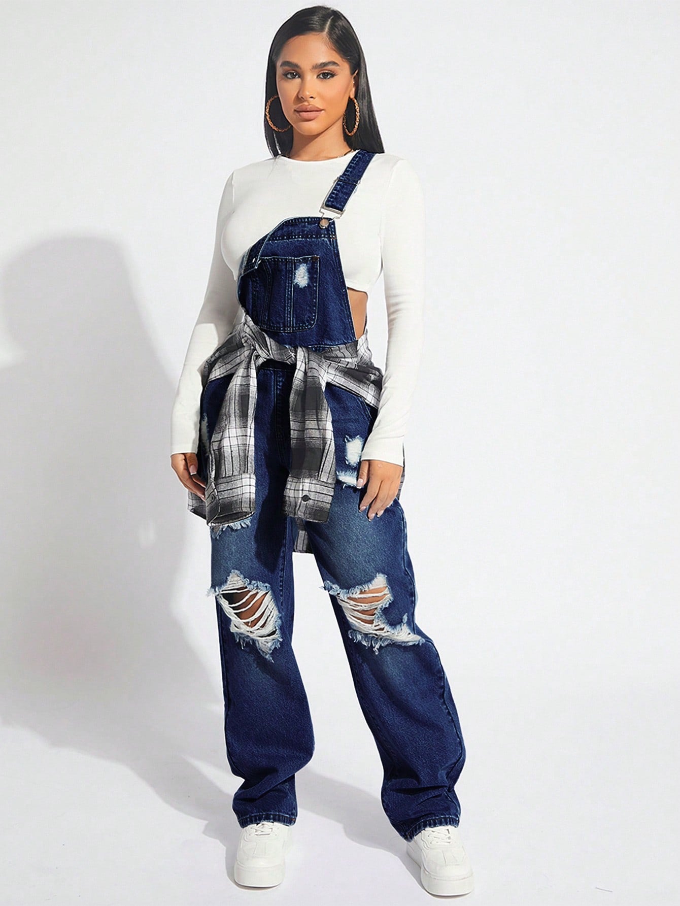 SXY Women's Wide Strap Button Distressed Casual Denim Overalls