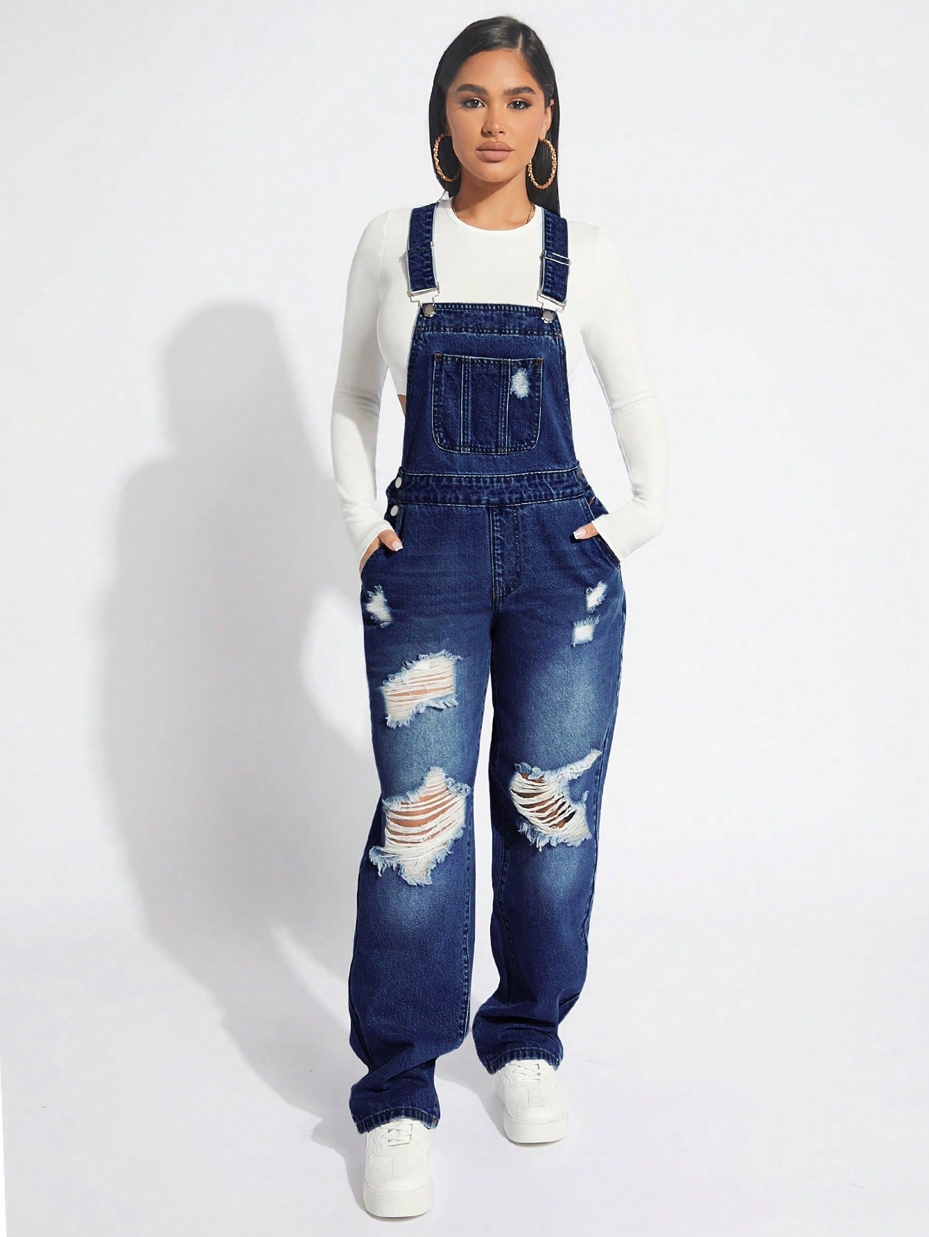 SXY Women's Wide Strap Button Distressed Casual Denim Overalls