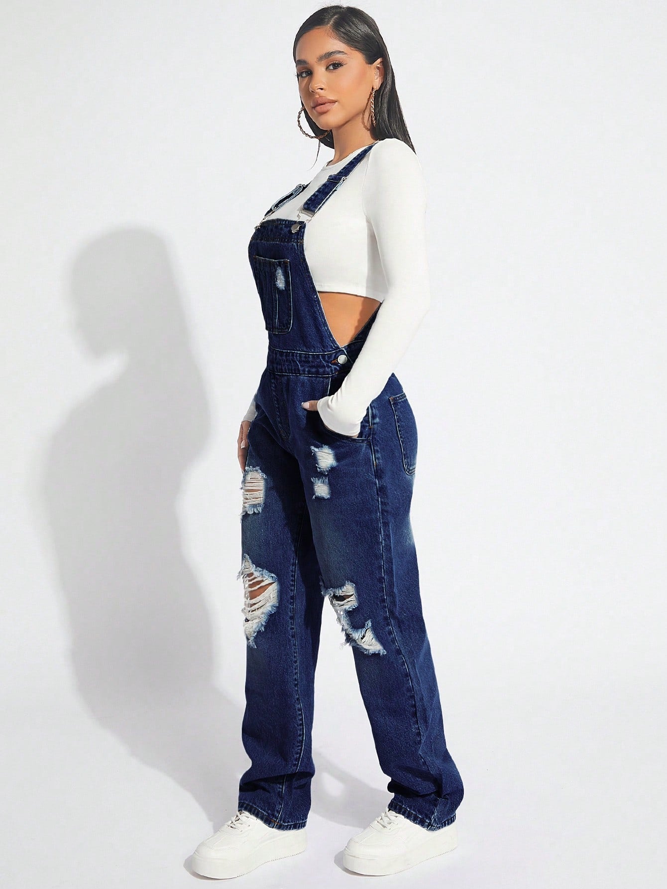 SXY Women's Wide Strap Button Distressed Casual Denim Overalls