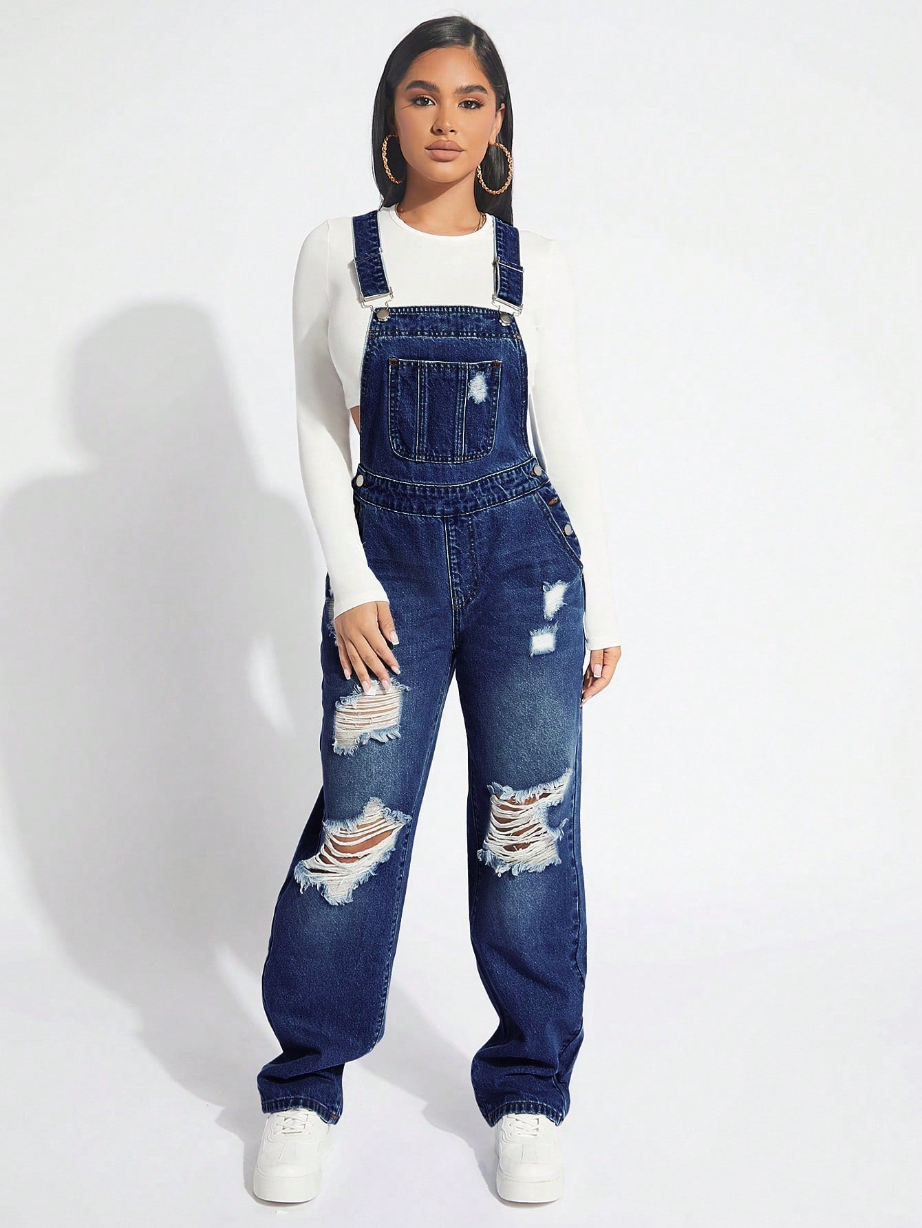 SXY Women's Wide Strap Button Distressed Casual Denim Overalls