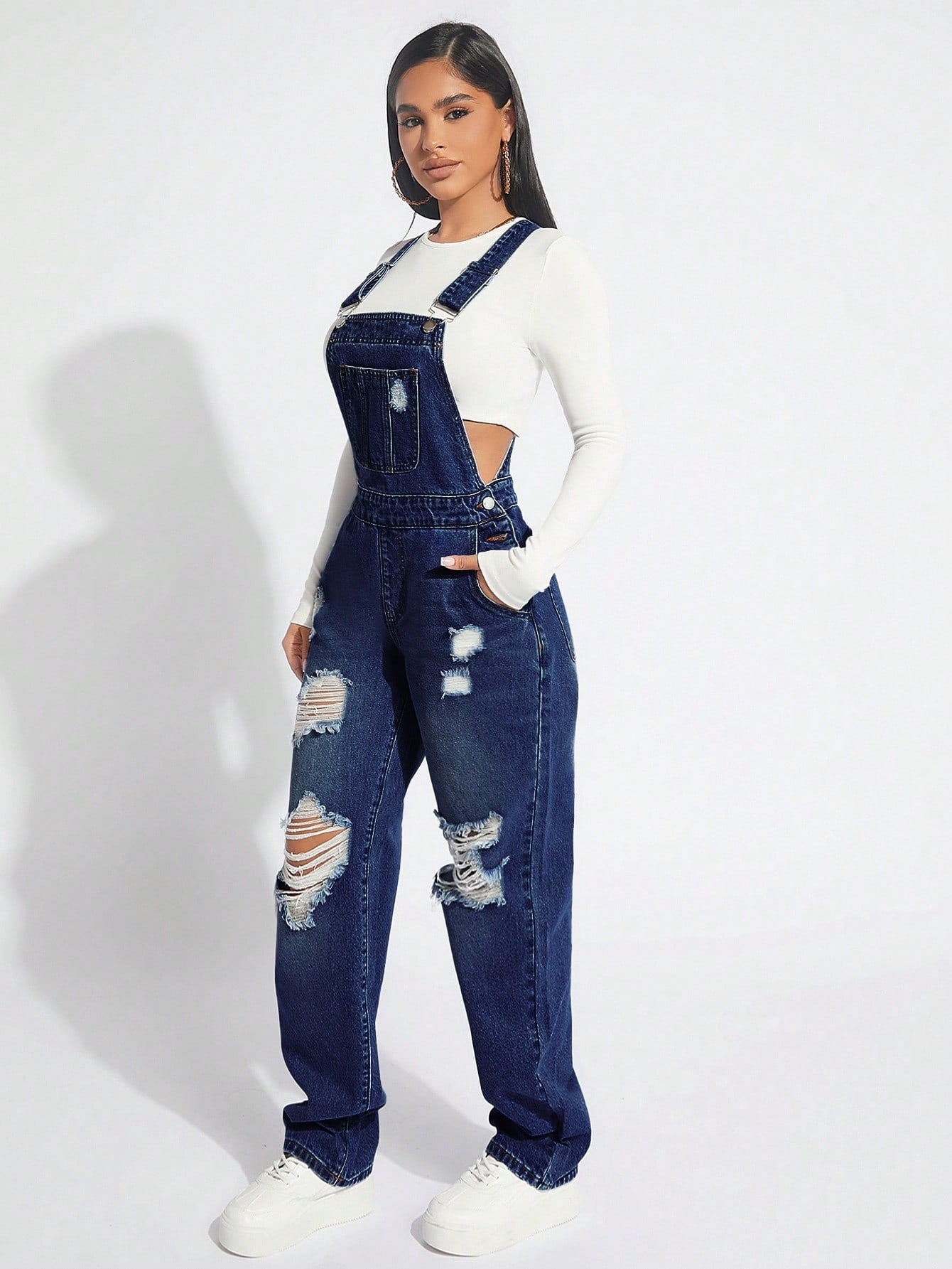 SXY Women's Wide Strap Button Distressed Casual Denim Overalls