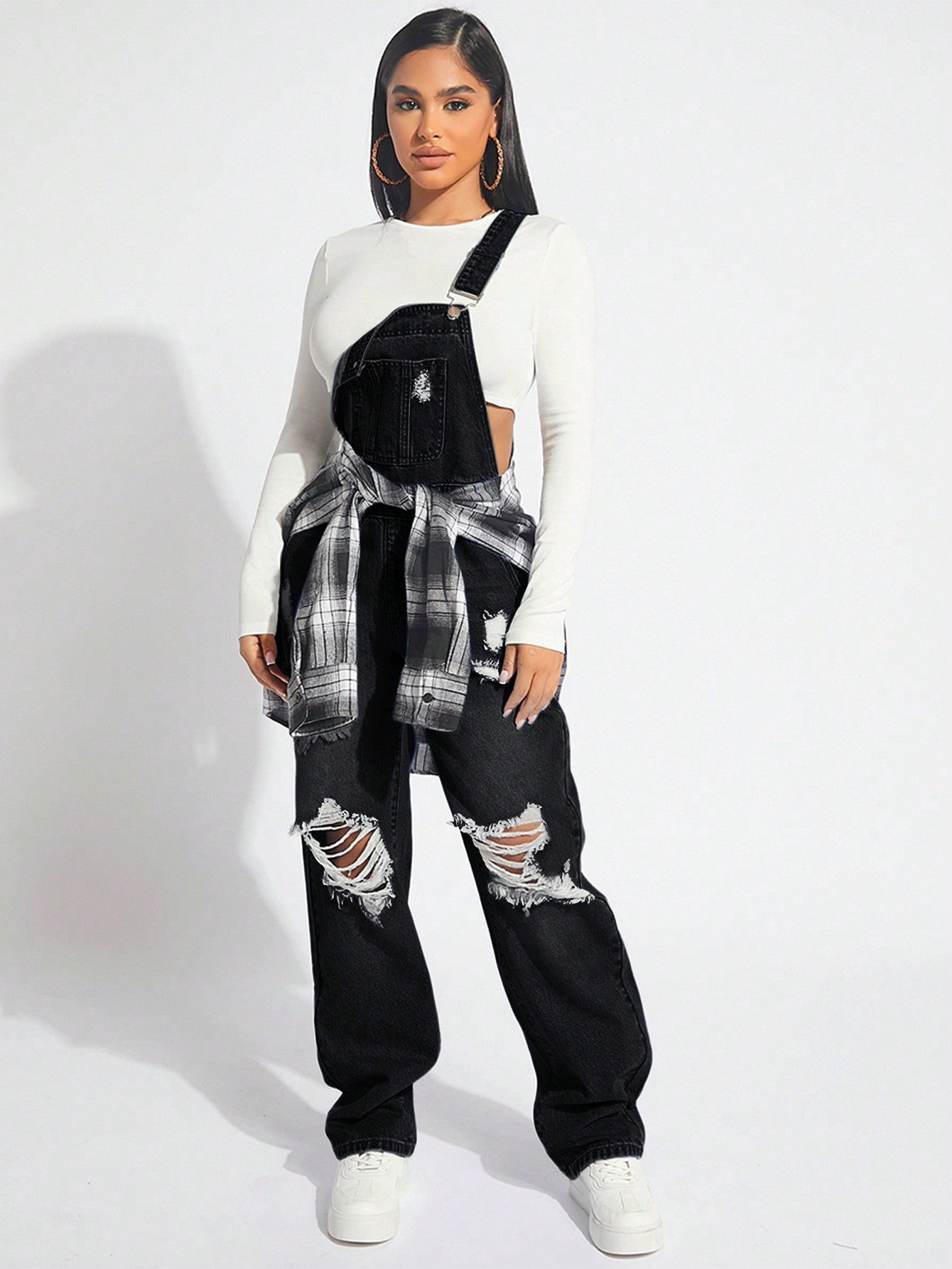 SXY Women's Wide Strap Button Distressed Casual Denim Overalls