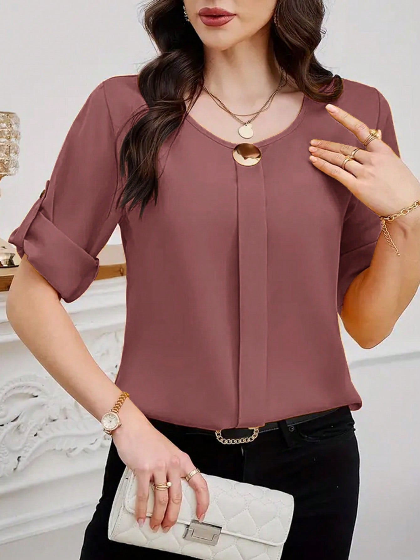 Clasi Women Solid Roll Up Sleeve Blouse