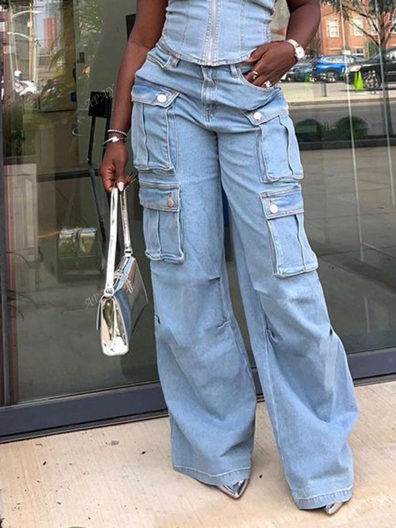 Stylish Vintage Chic Y2K Cargo Pants - High-Waisted, Wide-Leg, Pocketed, Comfortable, Casual, Street-Stylish Denim Trousers For The Curvaceous Woman