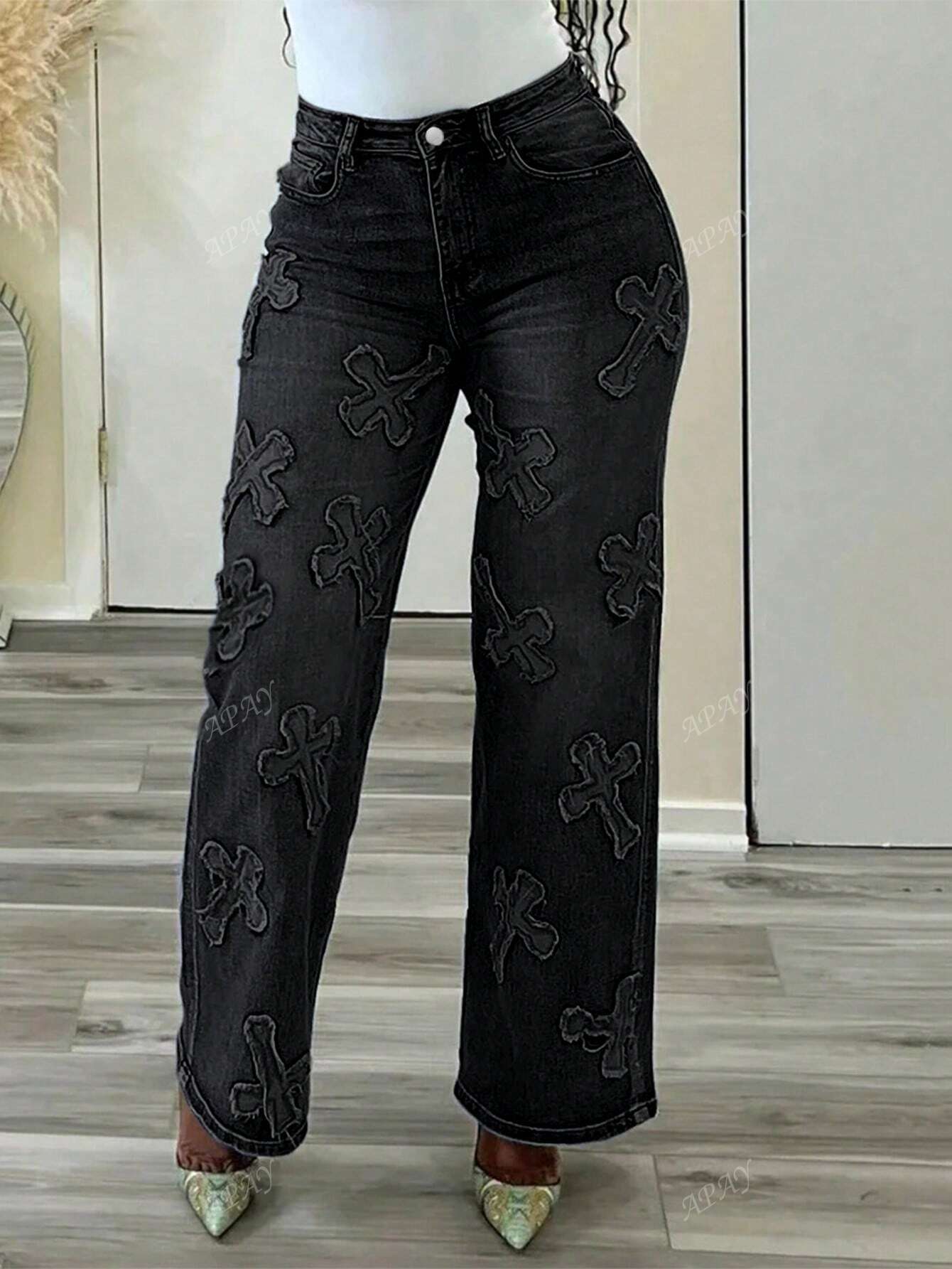 Women's Button Decorated Cross Print Casual Straight-Leg Jeans