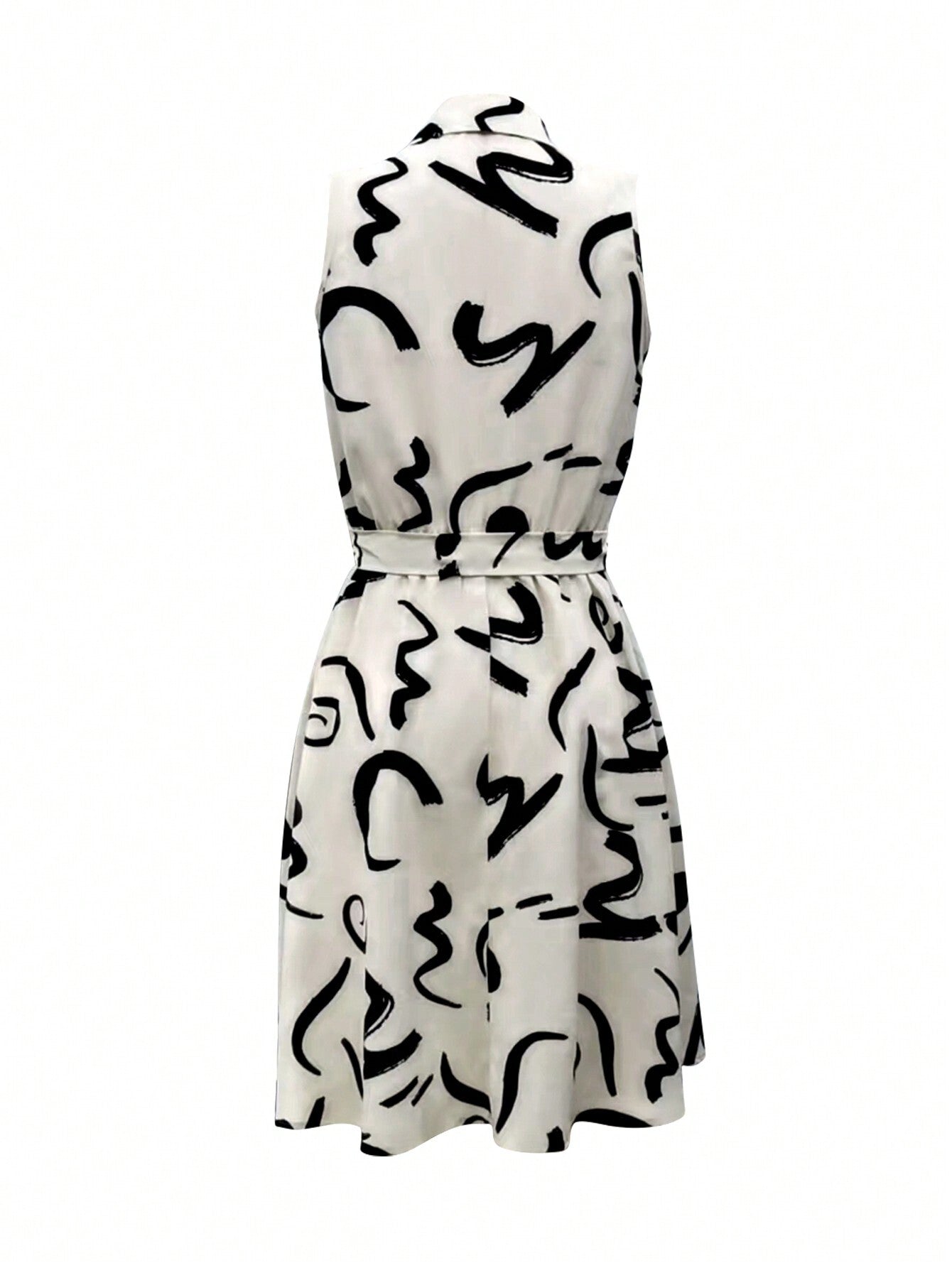 1. Abstract Print Front Button Sleeveless Dress, Casual Cinched Waist Turndown Collar Dress 2. Printed Elegant Waist Shirt Dress