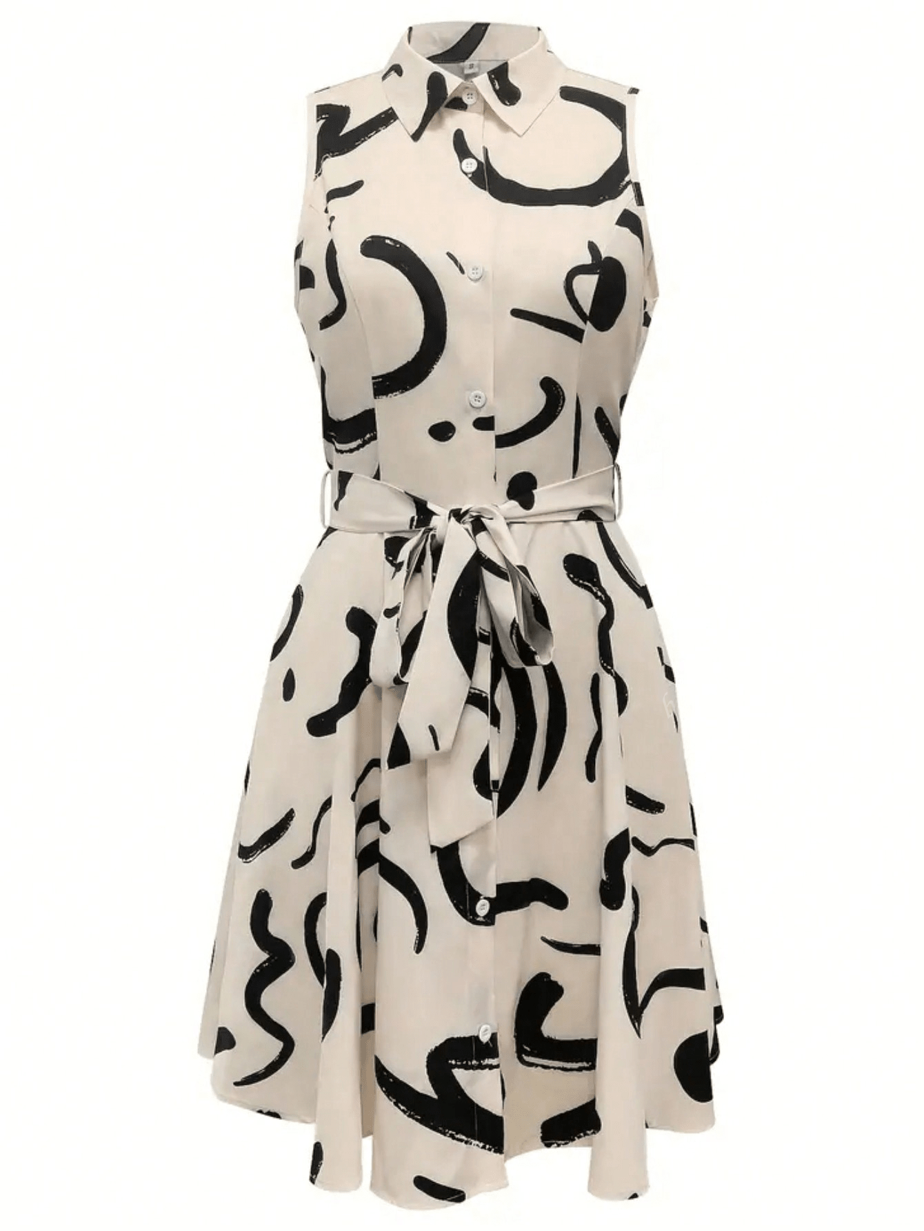 1. Abstract Print Front Button Sleeveless Dress, Casual Cinched Waist Turndown Collar Dress 2. Printed Elegant Waist Shirt Dress