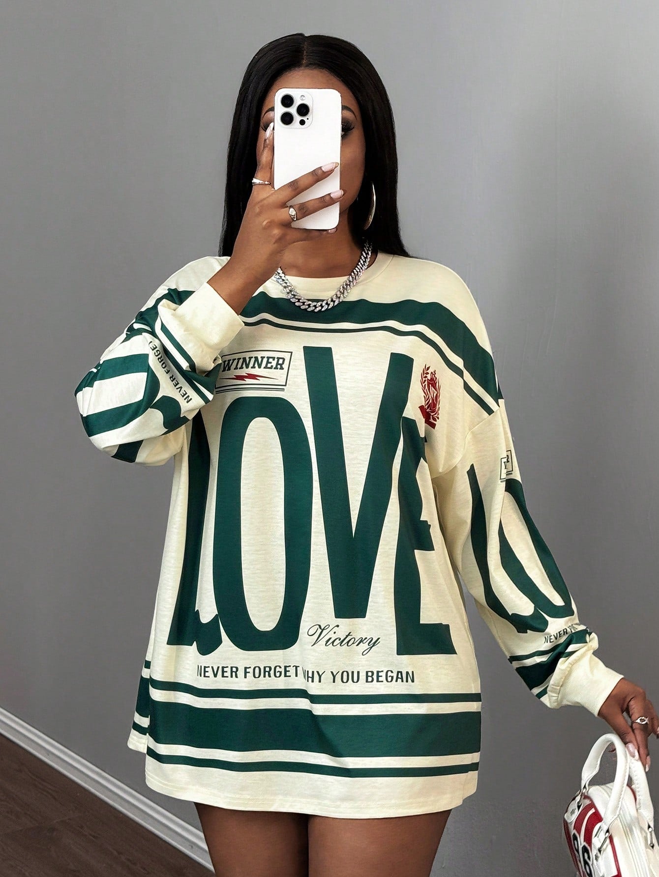 Slayr Casual Street American Retro New Style Round Neck Off-Shoulder Letter English Logo Printed Long-Sleeved Super Loose T-Shirt Skirt Apricot Bottom Green Flower Women's T-Shirt-A
