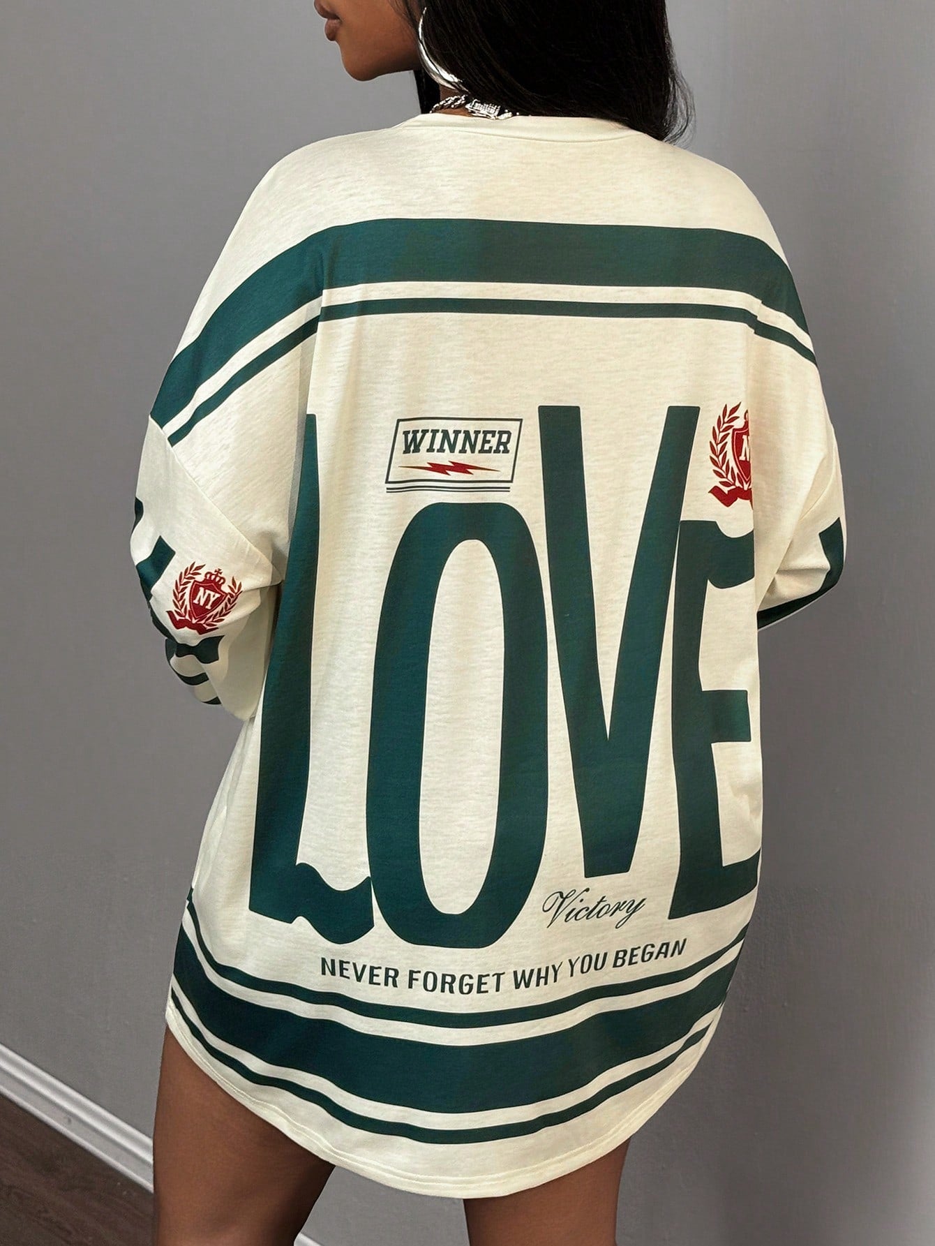 Slayr Casual Street American Retro New Style Round Neck Off-Shoulder Letter English Logo Printed Long-Sleeved Super Loose T-Shirt Skirt Apricot Bottom Green Flower Women's T-Shirt-A