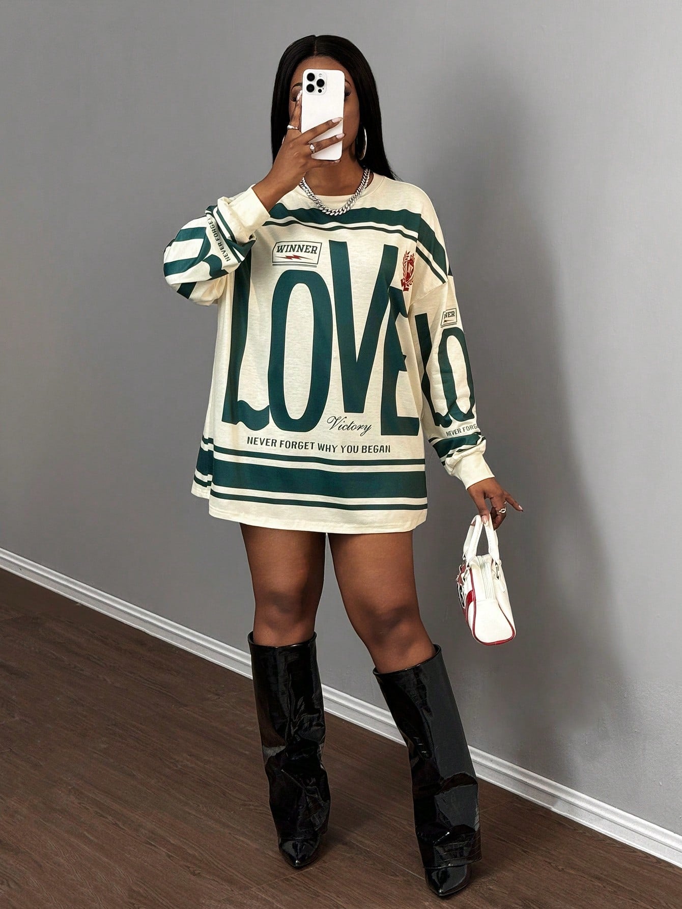 Slayr Casual Street American Retro New Style Round Neck Off-Shoulder Letter English Logo Printed Long-Sleeved Super Loose T-Shirt Skirt Apricot Bottom Green Flower Women's T-Shirt-A