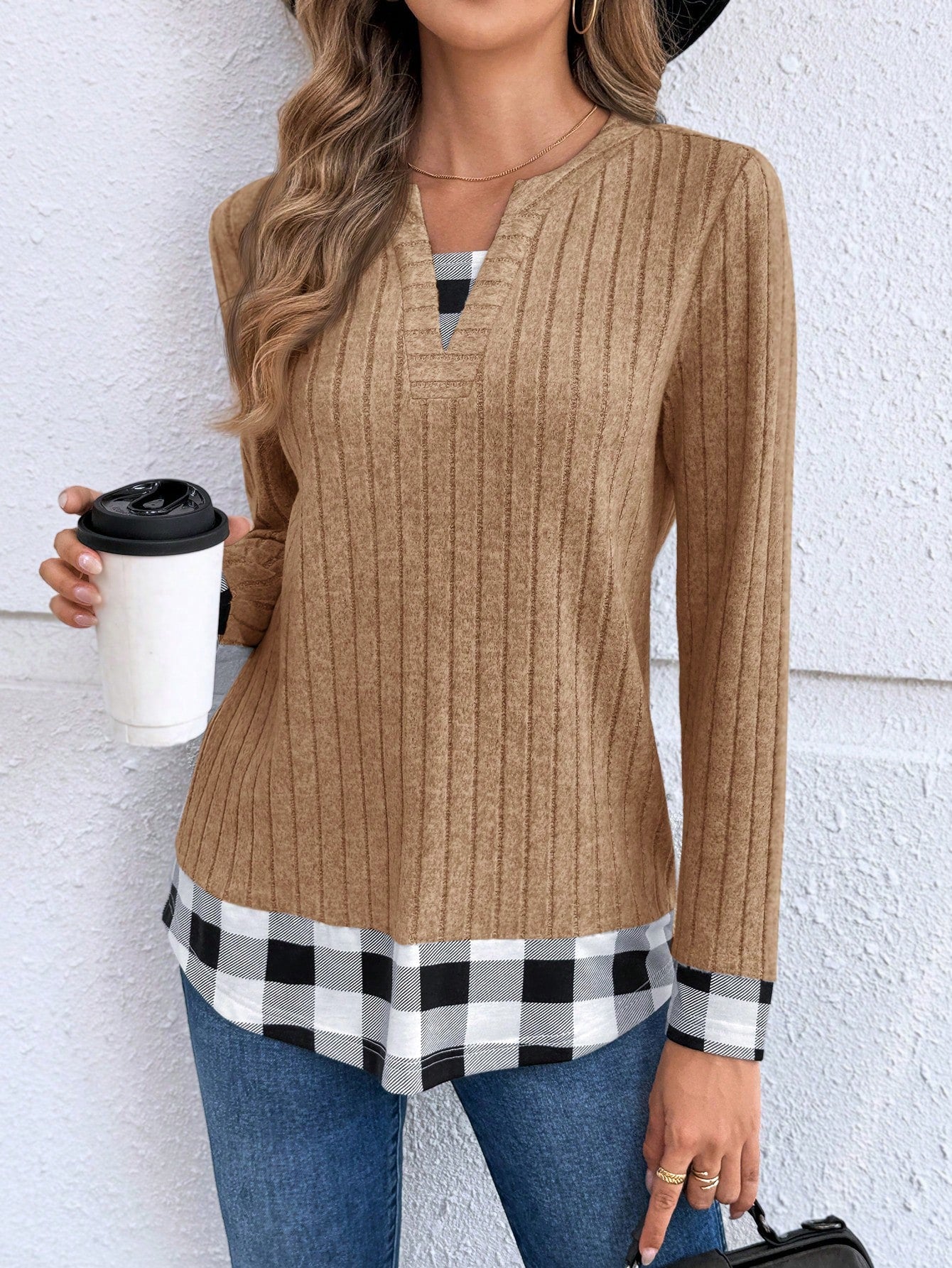 EMERY ROSE Women's Casual Plaid Patchwork Long Sleeve Tops