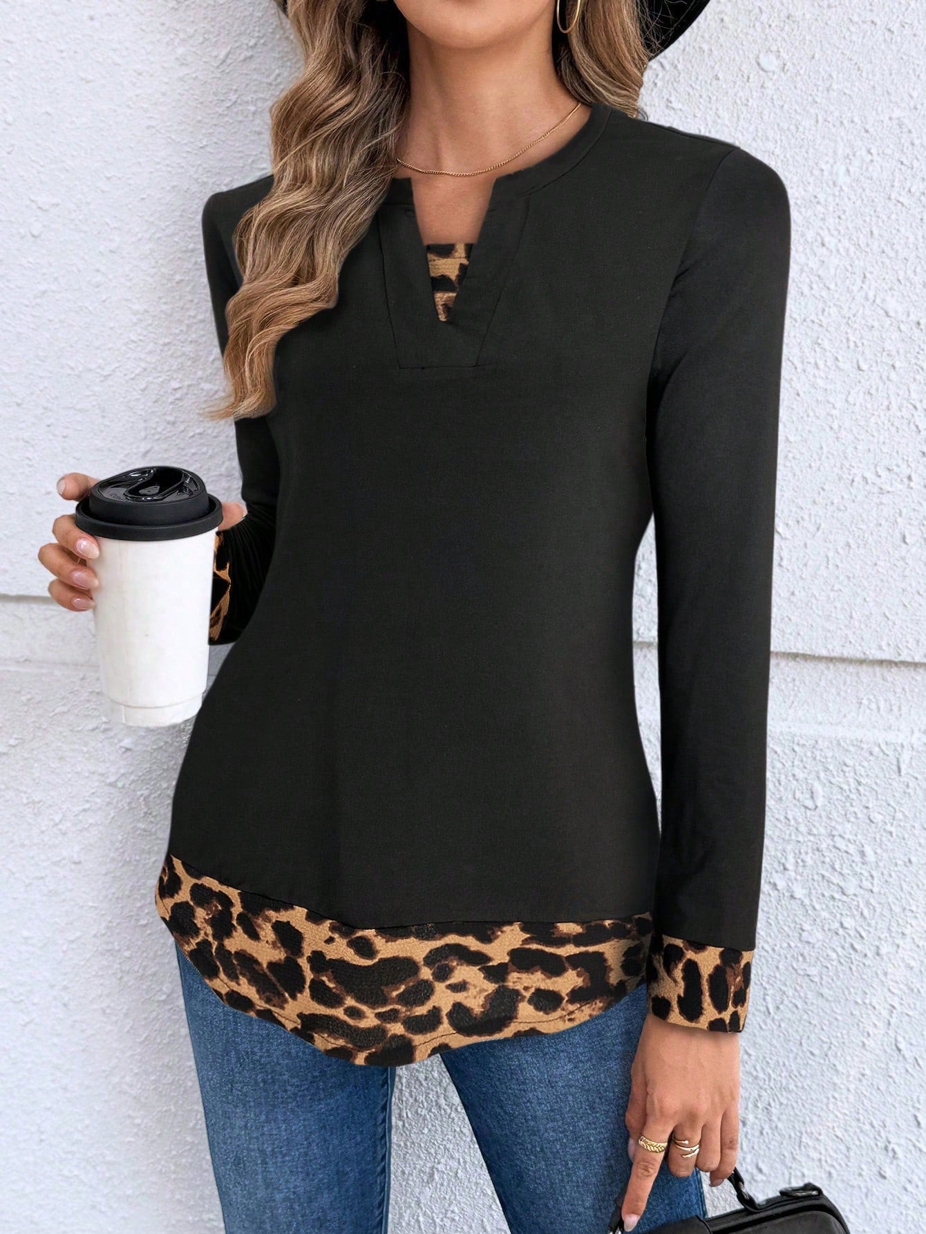 EMERY ROSE Women's Casual Plaid Patchwork Long Sleeve Tops