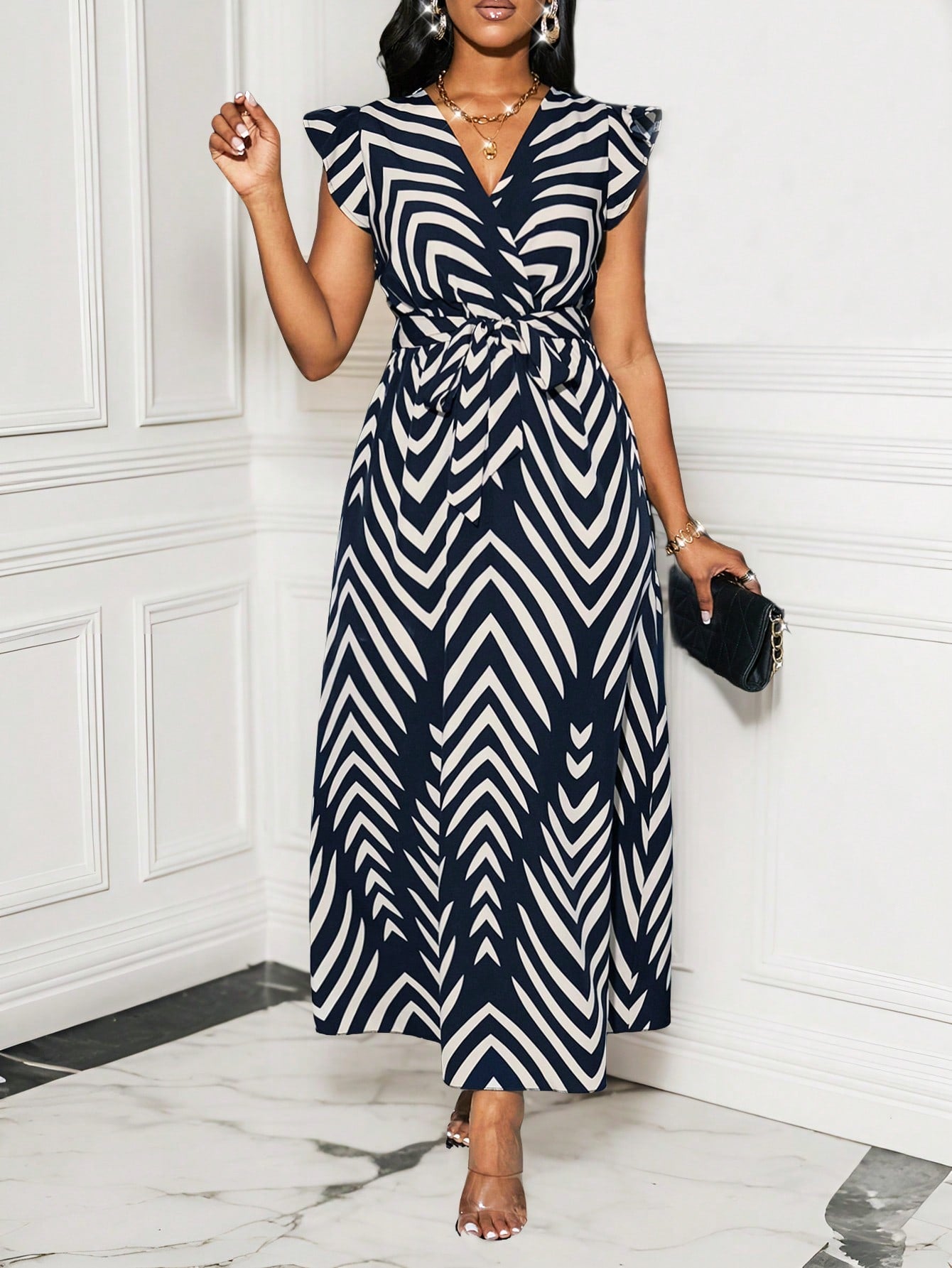 Lyxana Women's V-Neck Cinched Waist Wide Skirt Long Dress With Bow Tie, Black And White Vertical Striped, Long Sleeve Maxi Women Outfit