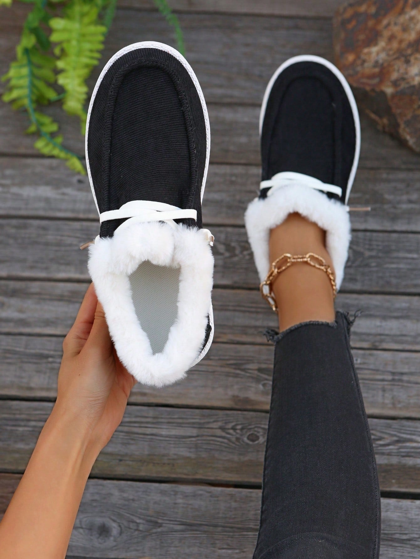 Plush Slip-On Loafers Women Fuzzy Warm Slouchy Shoes Low-Top Snow Boots, Wear With Sweater