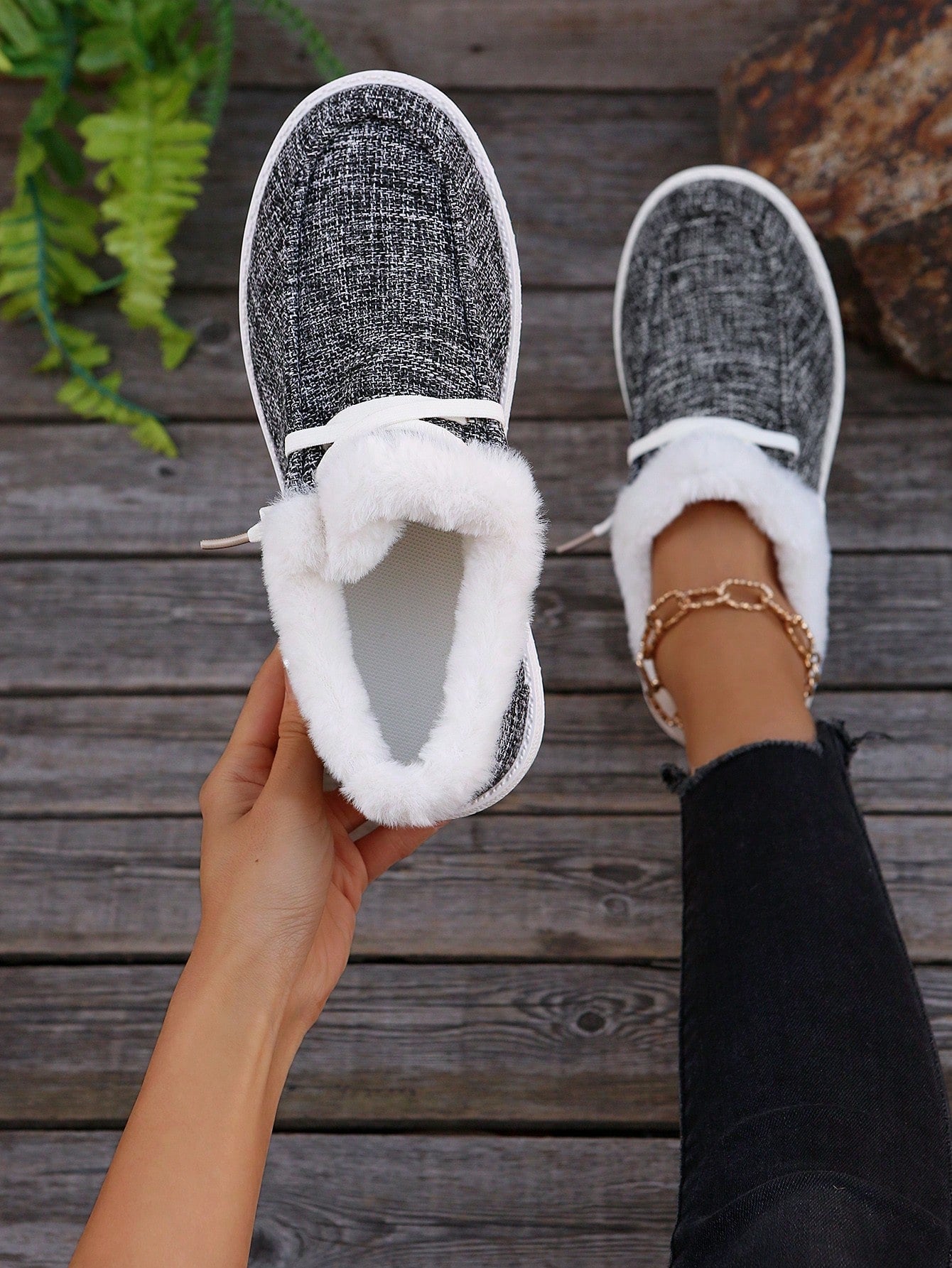 Plush Slip-On Loafers Women Fuzzy Warm Slouchy Shoes Low-Top Snow Boots, Wear With Sweater