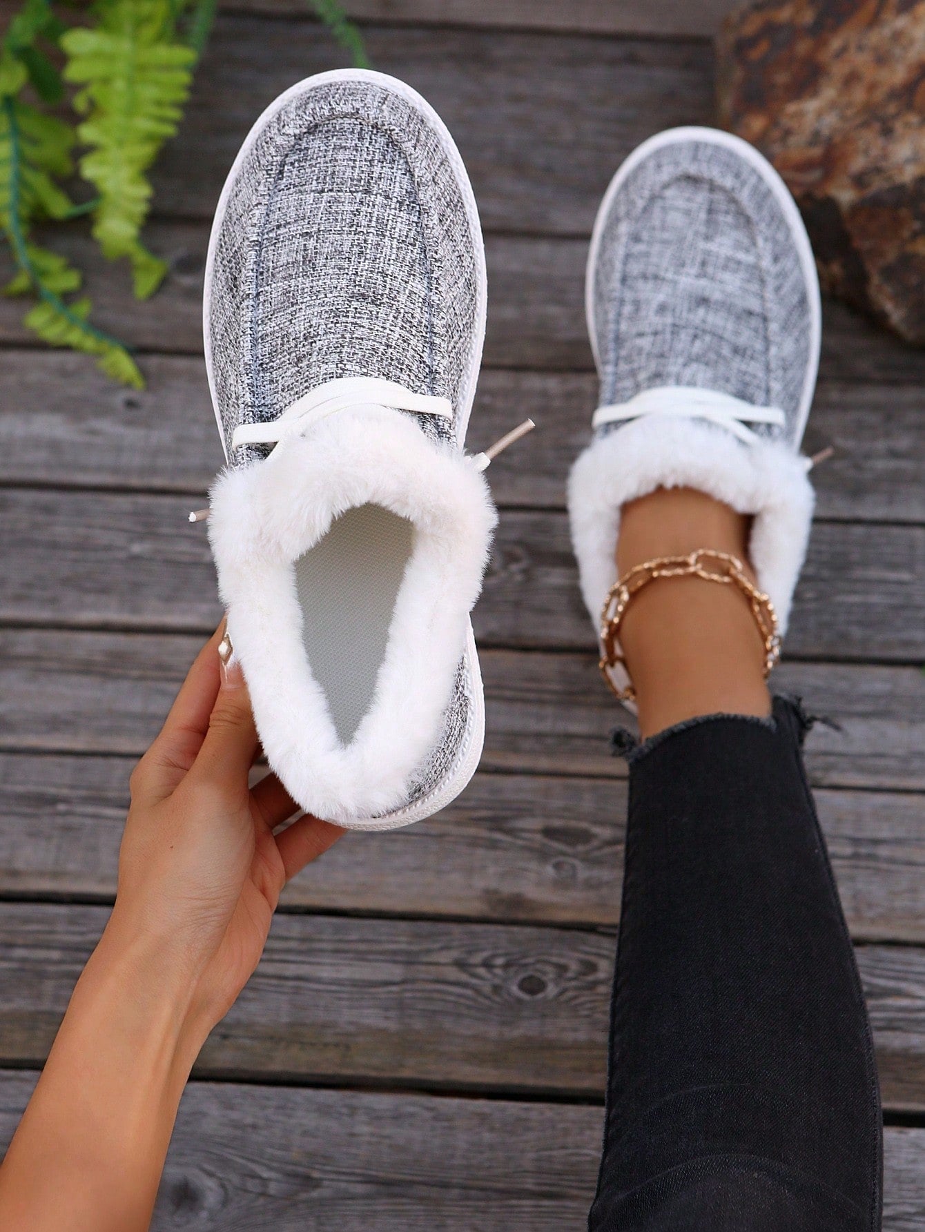 Plush Slip-On Loafers Women Fuzzy Warm Slouchy Shoes Low-Top Snow Boots, Wear With Sweater