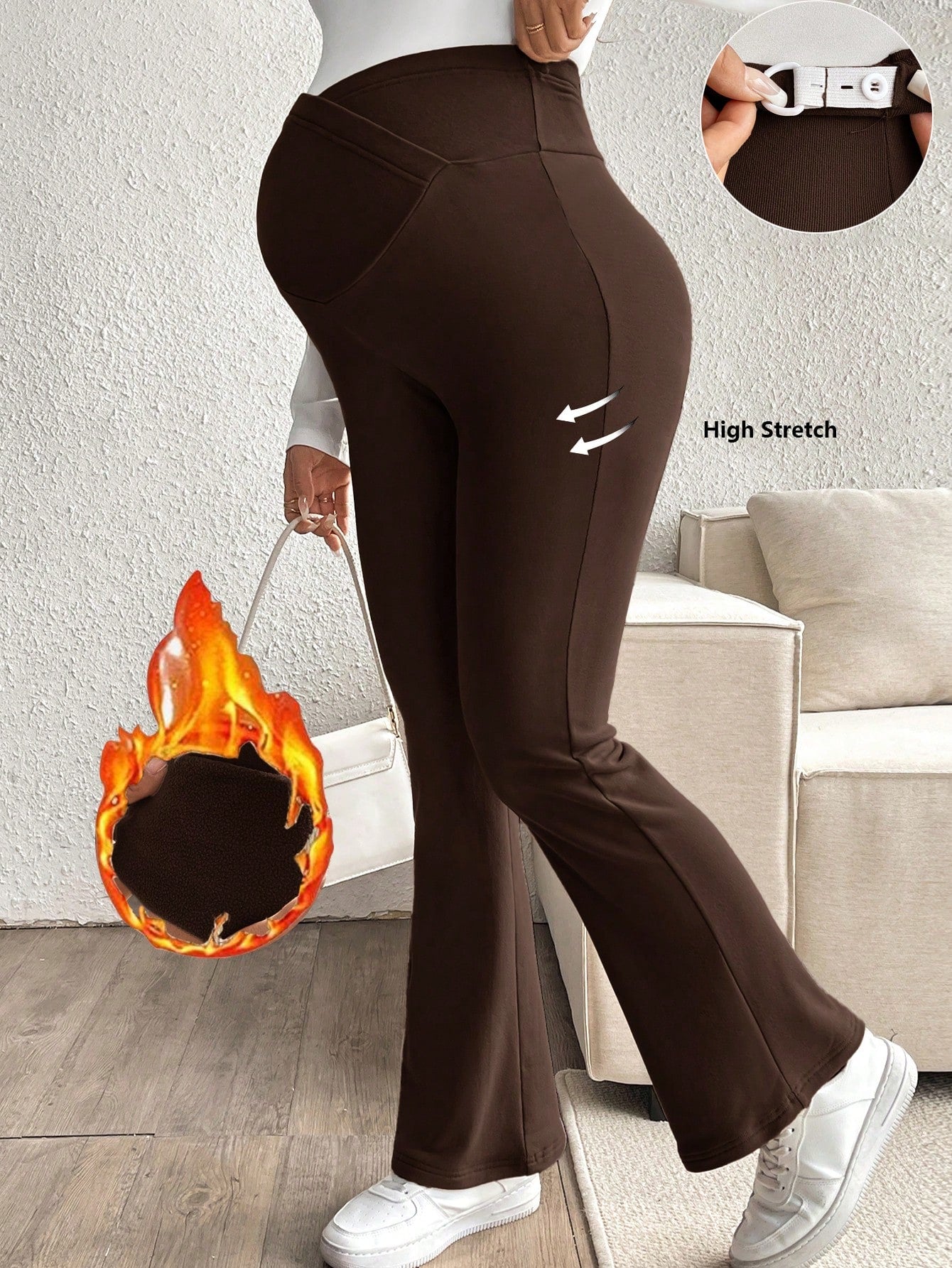 Maternity Solid Color Adjustable Waist Flare Casual Pants With Fleece, For Winter
