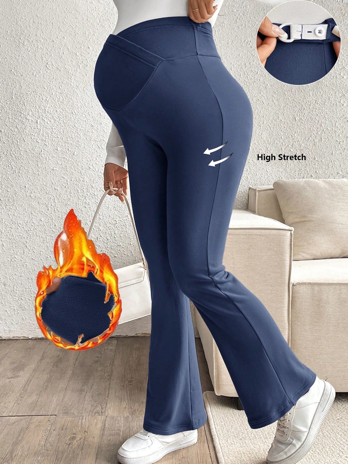 Maternity Solid Color Adjustable Waist Flare Casual Pants With Fleece, For Winter