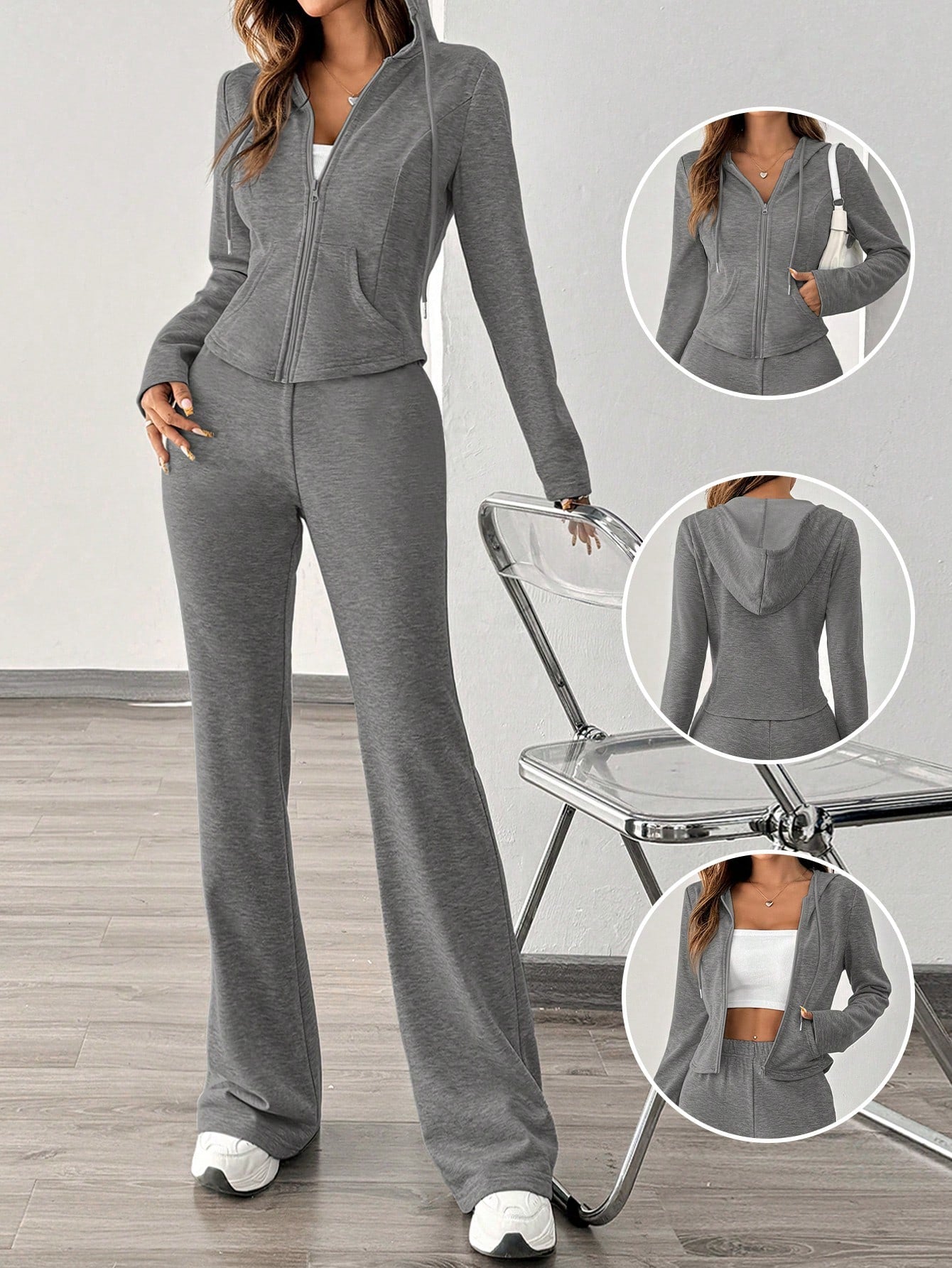 Essnce 2pcs Women Fashion Casual Sports Sweatsuit, Hoodie Jacket And Wide Leg Pants, Autumn