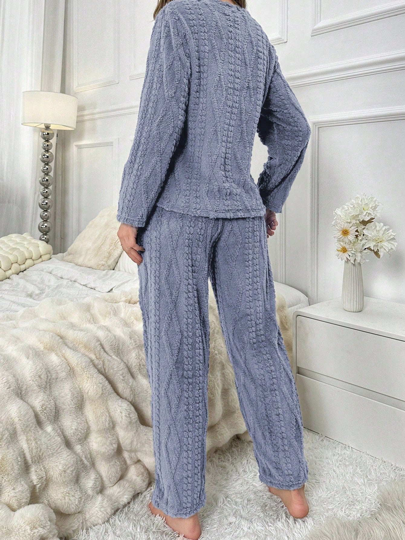 Bear Embroidery Flannel PJ Set / Pajama Set