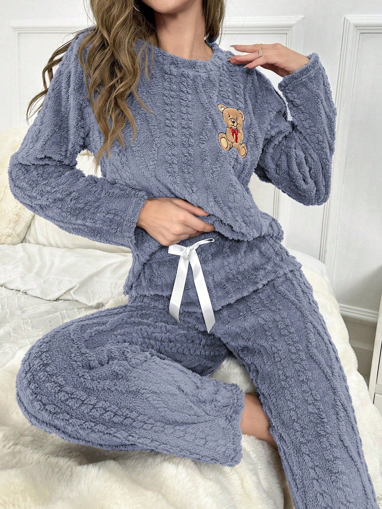 Bear Embroidery Flannel PJ Set / Pajama Set