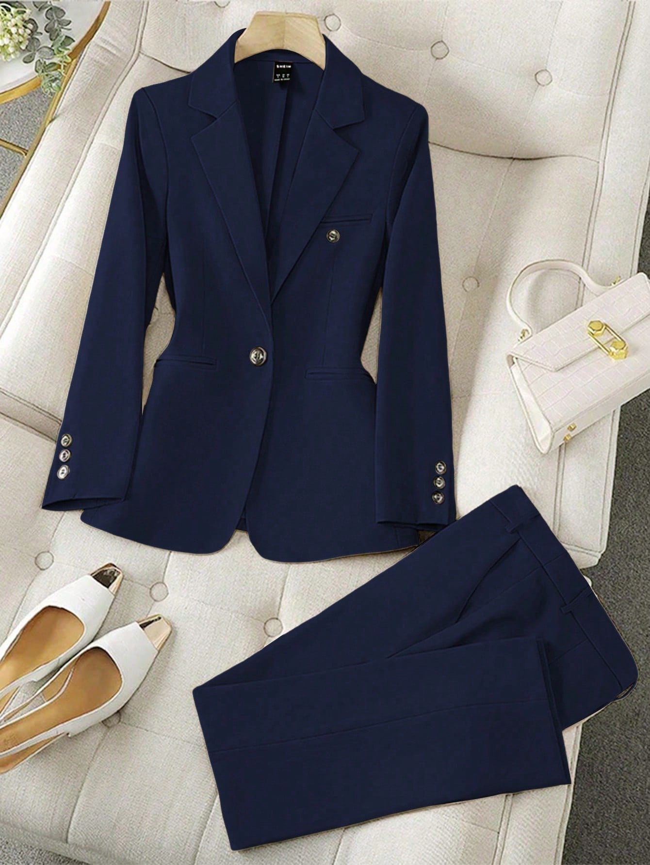 LUNE Solid Color Single-Breasted Long Sleeve Suit Jacket And Pants, Elegant Suit Set