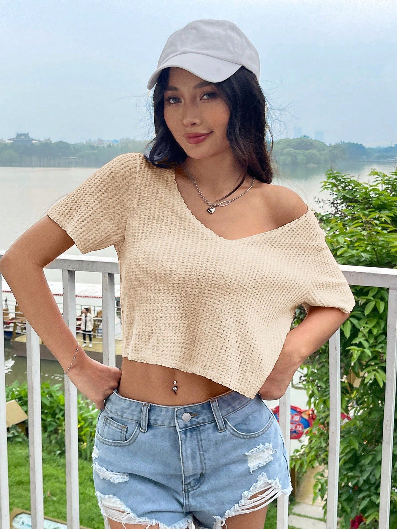 EZwear Hot Pink Waffle Knit Crop Top For Summer