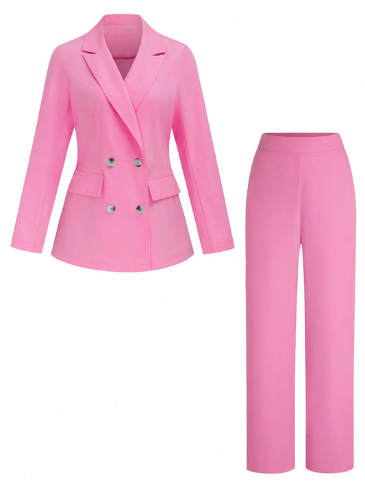 Clasi Women Solid Color Double-Breasted Long Sleeve Blazer And Pant Suit Set